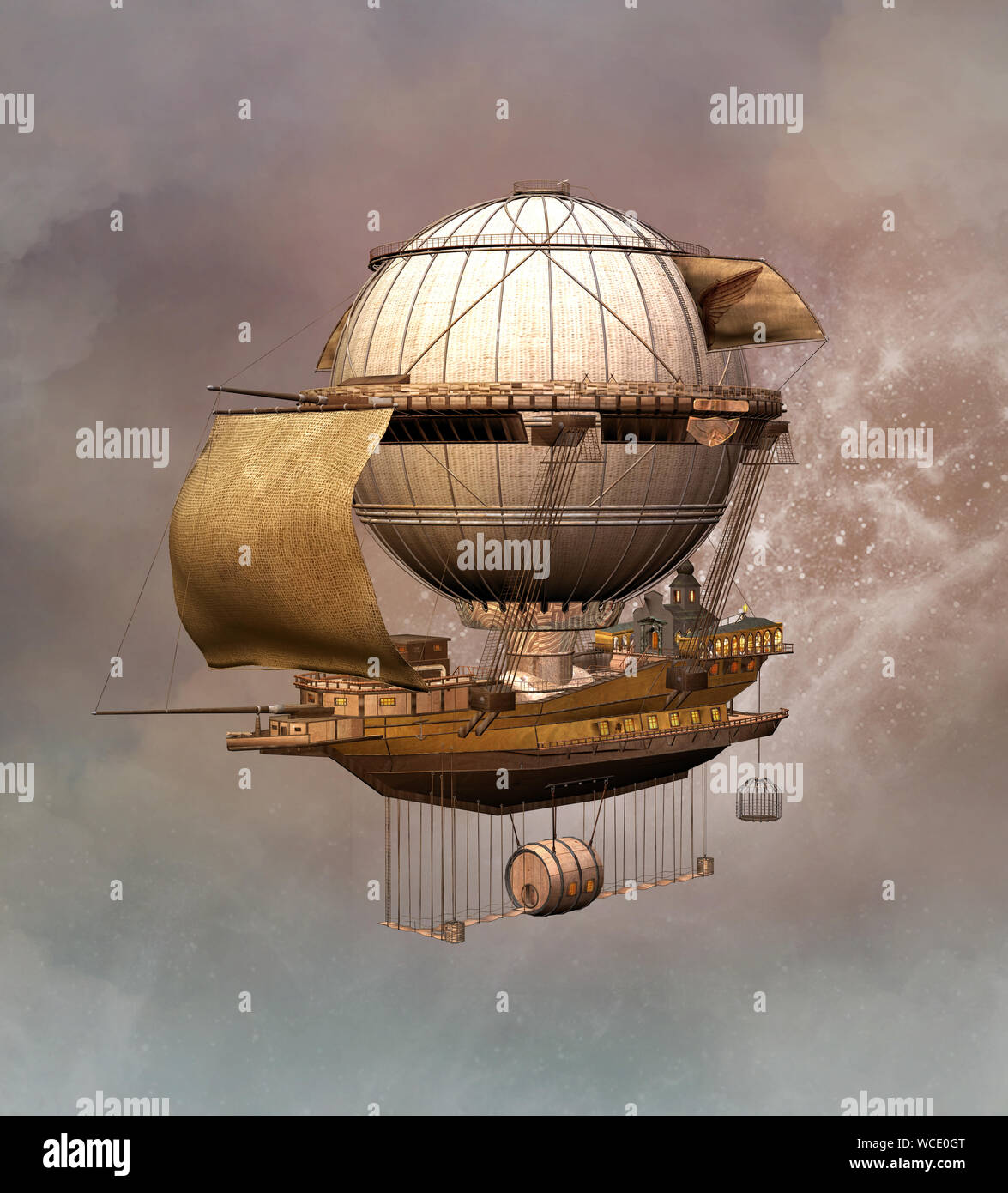 Vintage steampunk airship floating in a magic cloudy sky Stock Photo