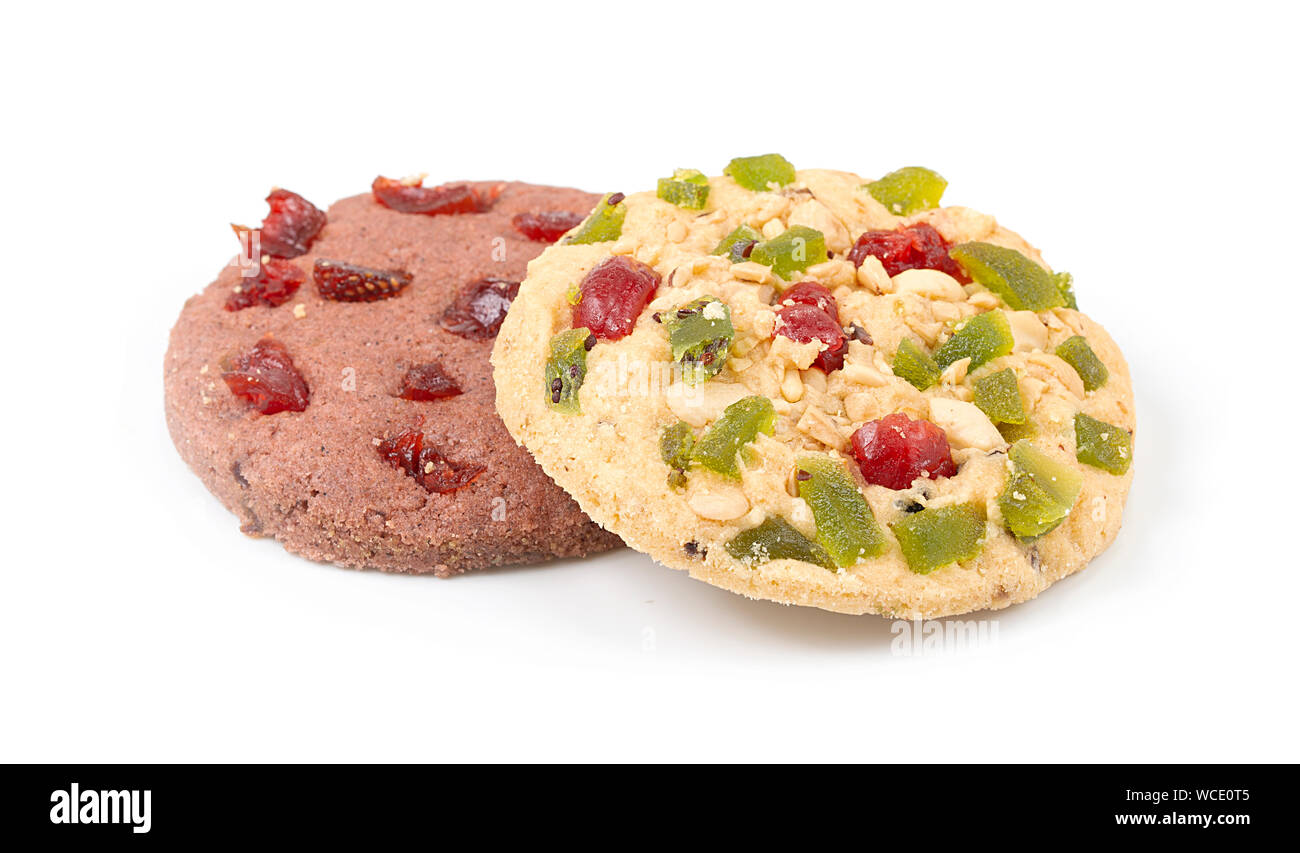 round cookies with dried fruit isolated on white background Stock Photo
