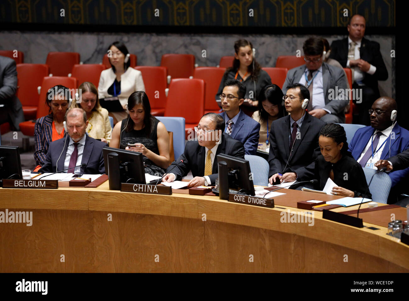 United Nations, UN headquarters in New York. 27th Aug, 2019. Zhang Jun (C front), China's permanent representative to the United Nations, addresses a Security Council meeting on the situation in the Middle East, at the UN headquarters in New York, Aug. 27, 2019. Zhang Jun on Tuesday urged the international community to safeguard the legitimate rights and interests of the Palestinian people, while upholding the two-state solution to the Palestinian-Israeli issue. Credit: Li Muzi/Xinhua/Alamy Live News Stock Photo