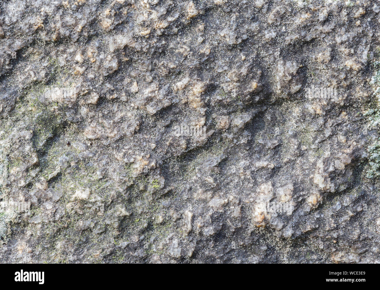 Macro close-up of a rough rock surface with fine grains of sand. High resolution full frame textured background. Stock Photo