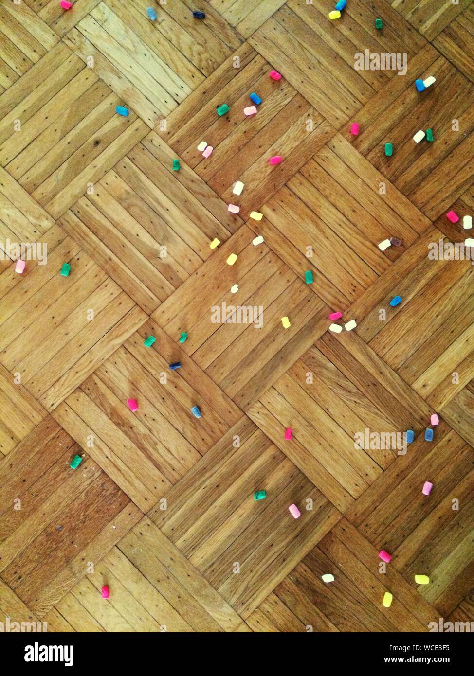 Multi Colored Polystyrene Material On Hardwood Floor Stock Photo