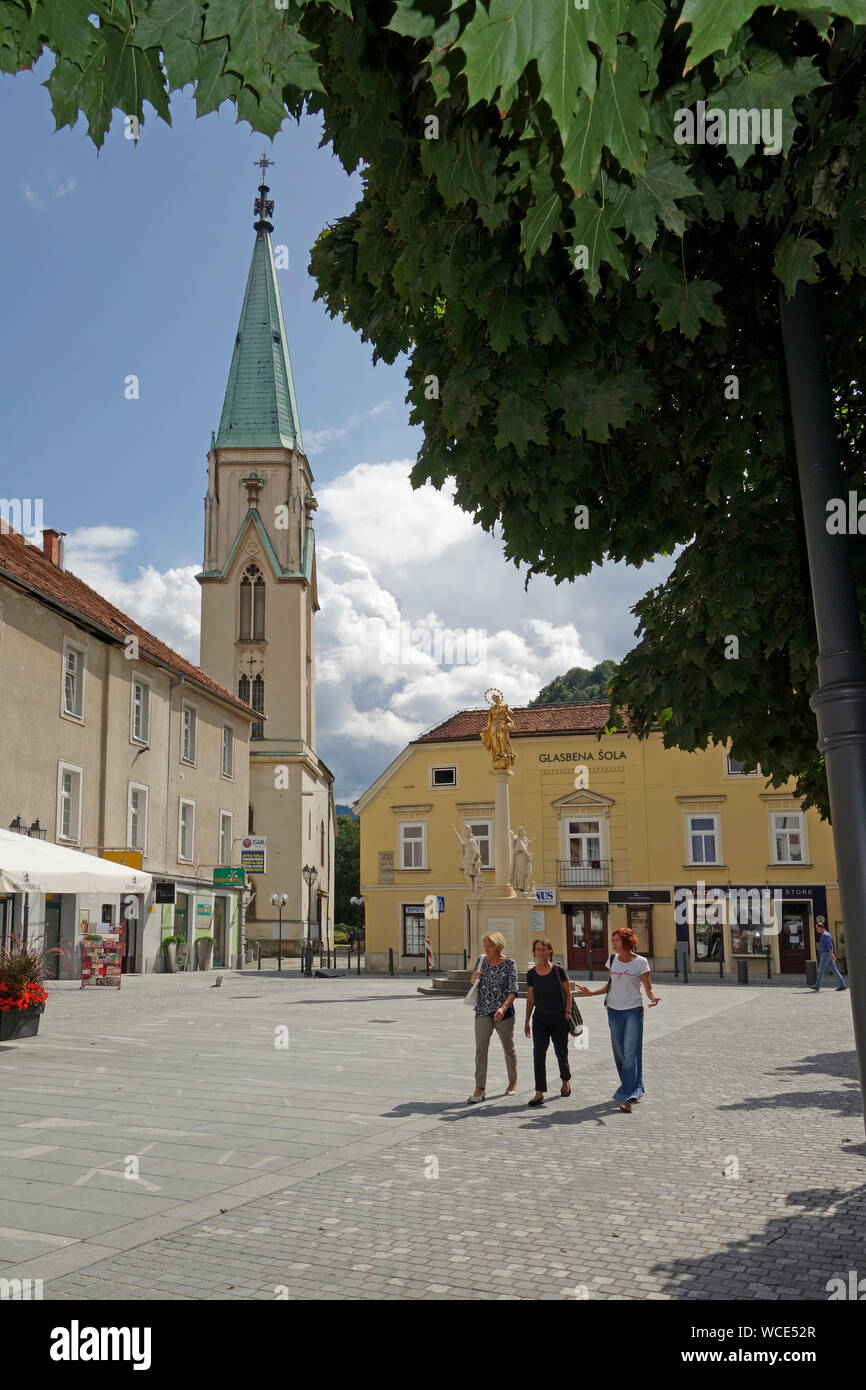 Slovenia, Celje, Main Square (Glavni Trg) and Cathedral of Saint Daniel. Stock Photo