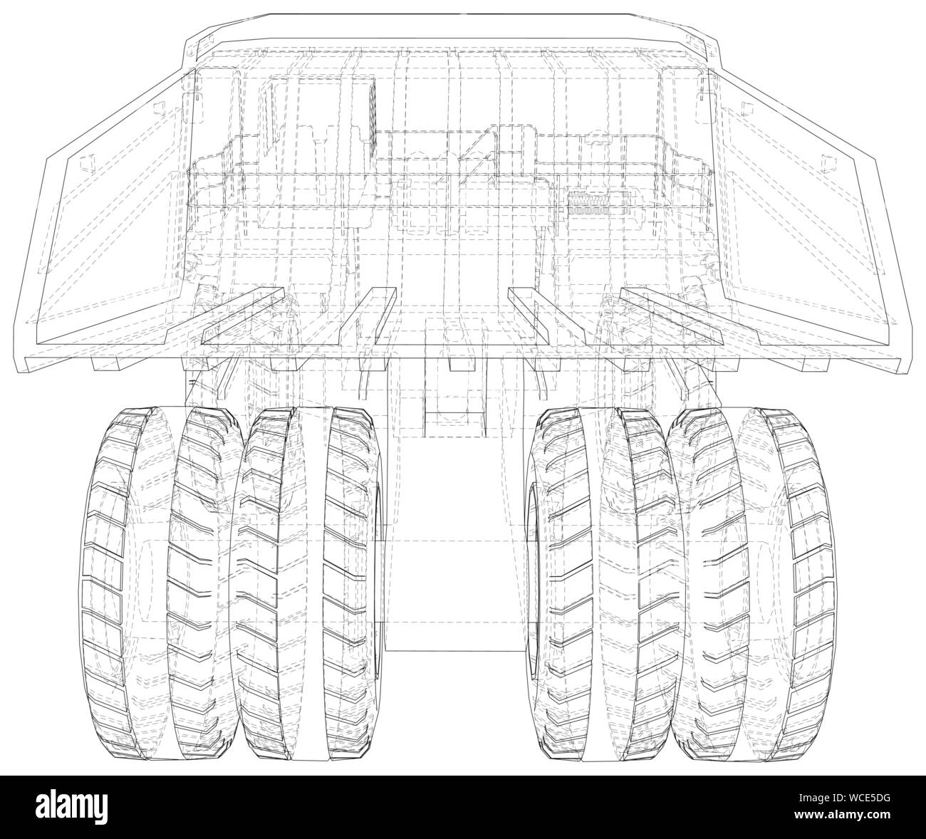 Dump truck, big transporter. The layers of visible and invisible lines are separated. EPS10 format. Wire-frame. Stock Vector