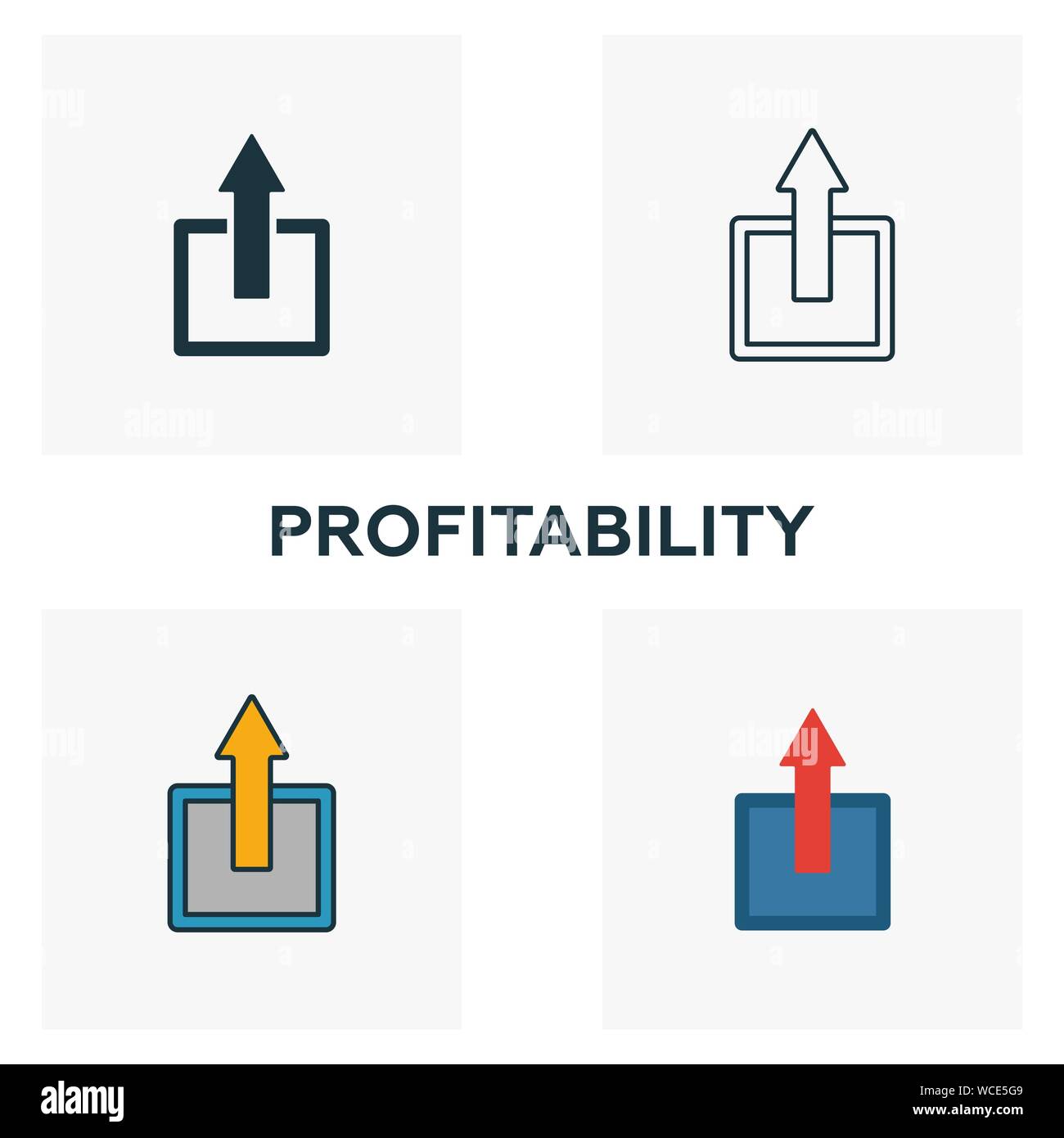 Profitability icon set. Four elements in diferent styles from business ethics icons collection. Creative profitability icons filled, outline, colored Stock Vector