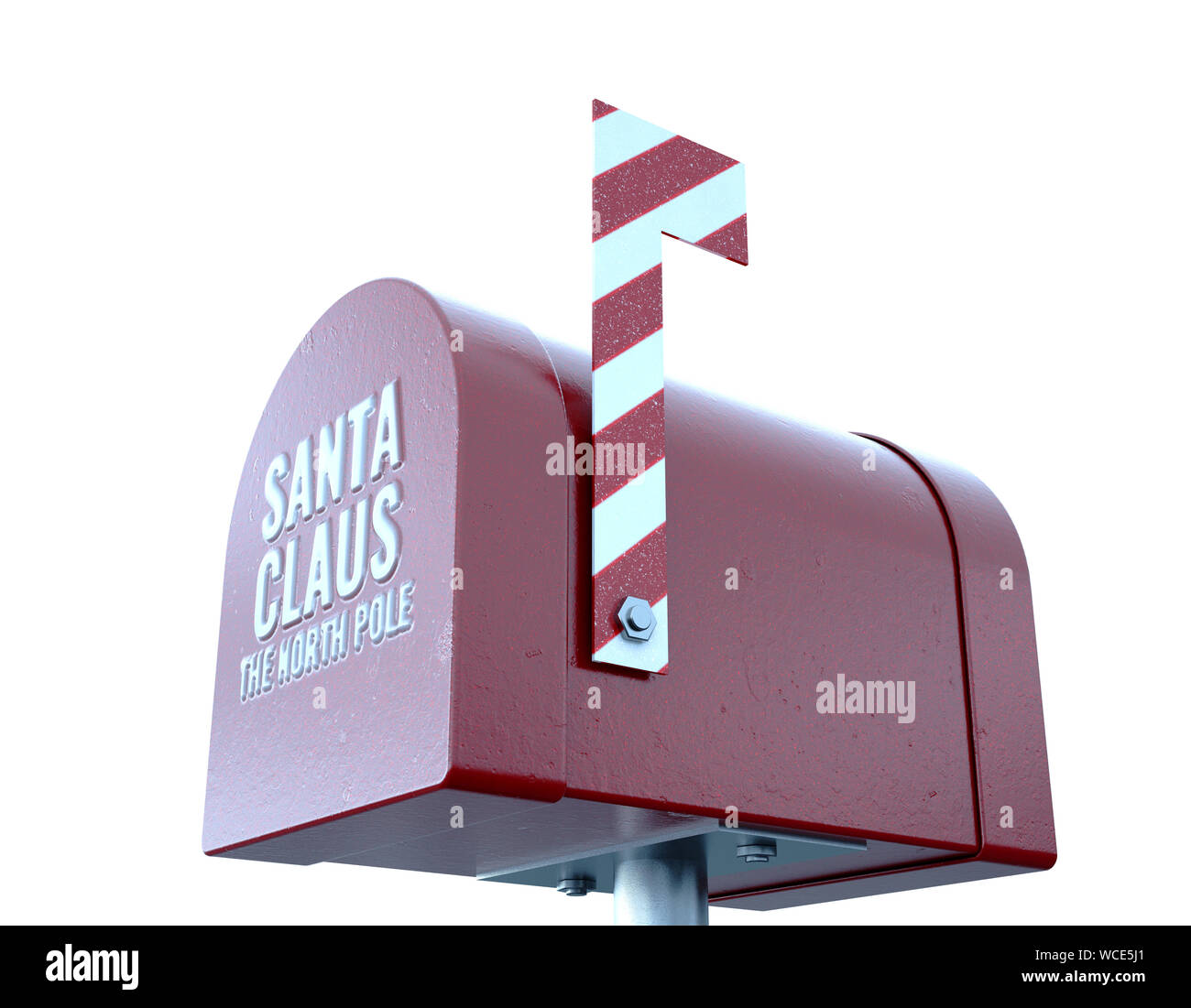 A christmas concept depicting a shut red retro mailbox belonging to santa clause with a striped candy cane flag on an isolated white background - 3D r Stock Photo