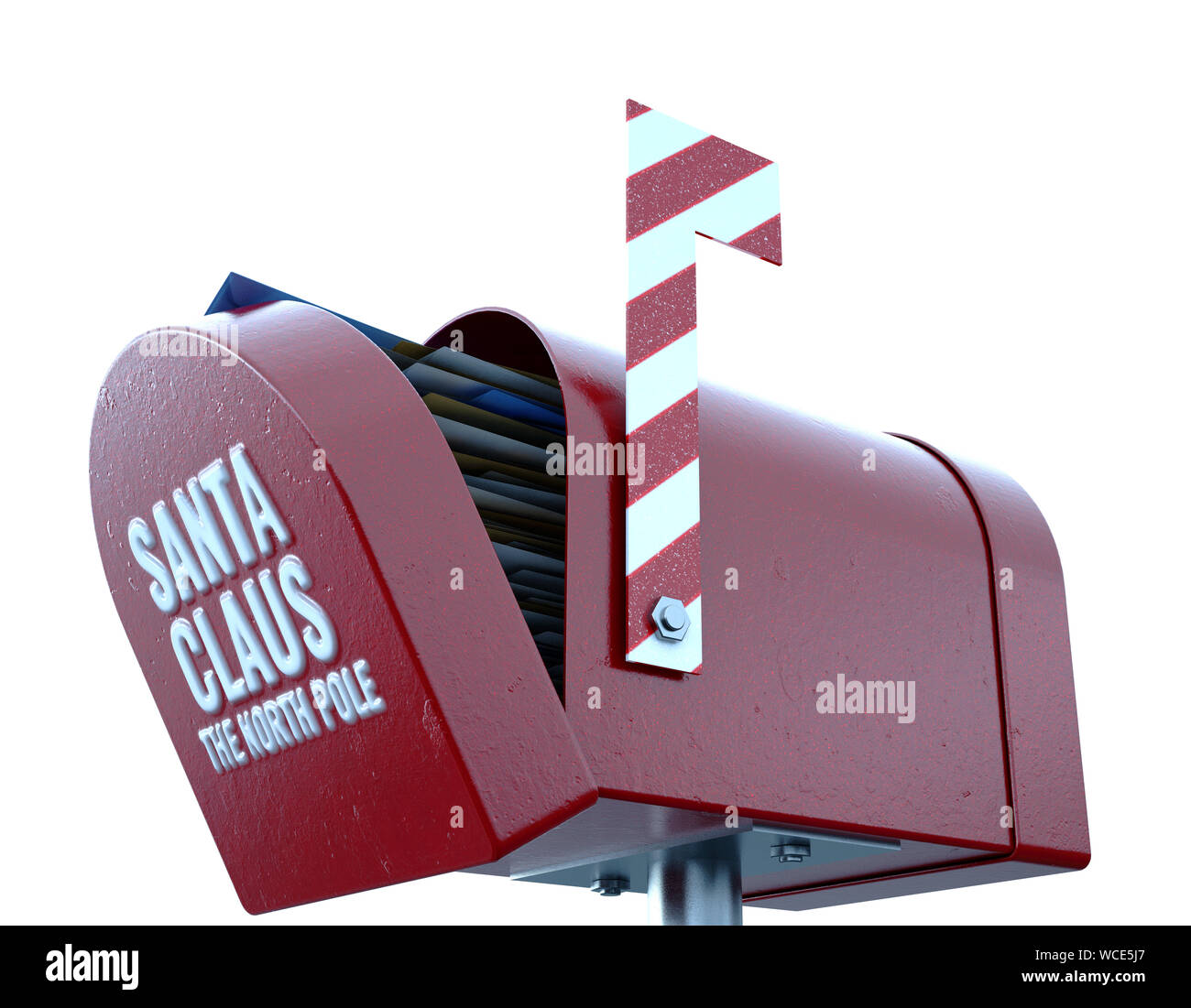 A christmas concept depicting a red retro mailbox belonging to santa clause crammed full of childrens wish list letters to him on an isolated white ba Stock Photo