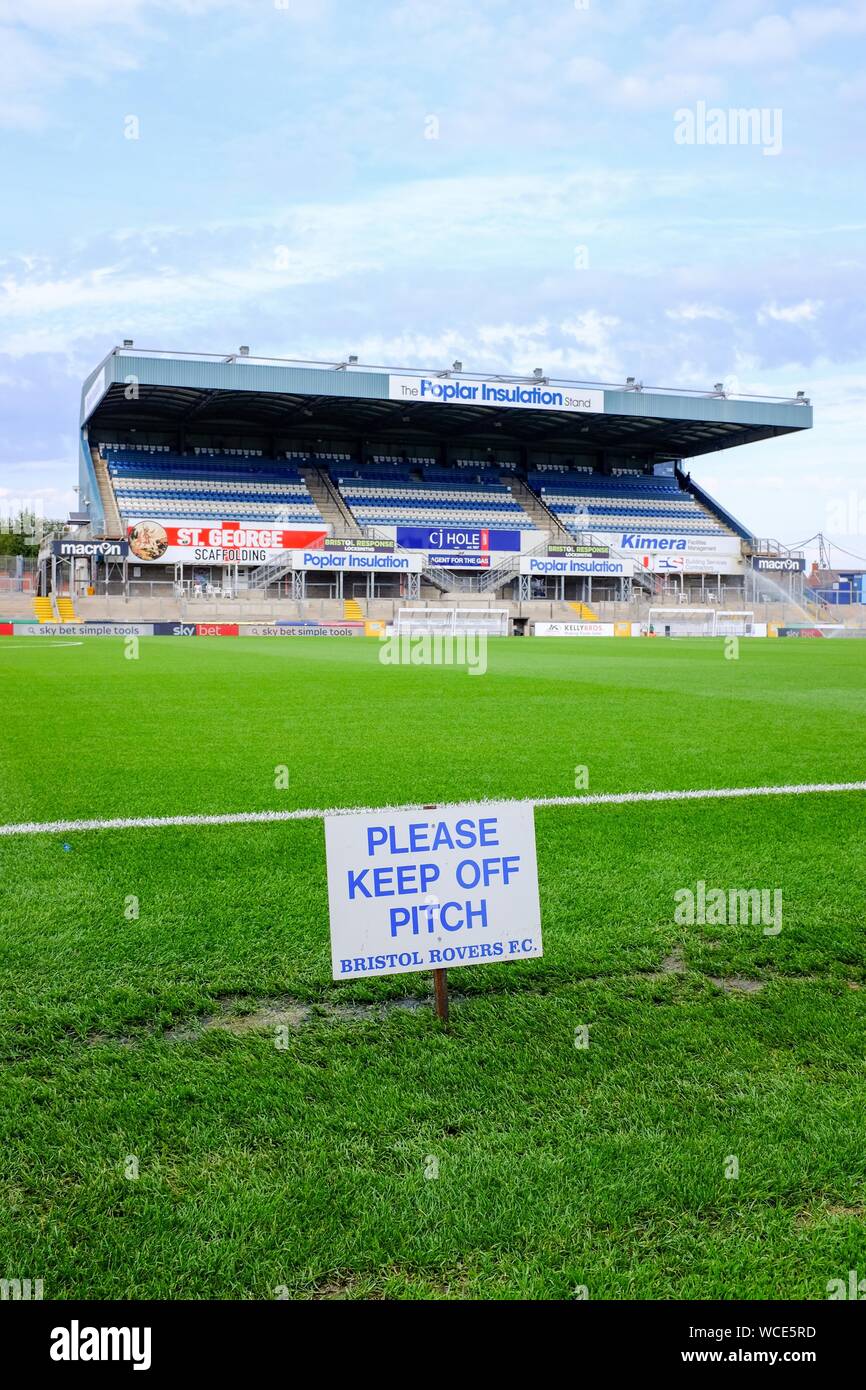 Please Keep Off the Pitch sign at The Carabao Cup match between Bristol Rovers and Brighton and Hove Albion at the Memorial Ground , Bristol , 27 August 2019 :   Editorial use only. No merchandising. For Football images FA and Premier League restrictions apply inc. no internet/mobile usage without FAPL license - for details contact Football Dataco Stock Photo
