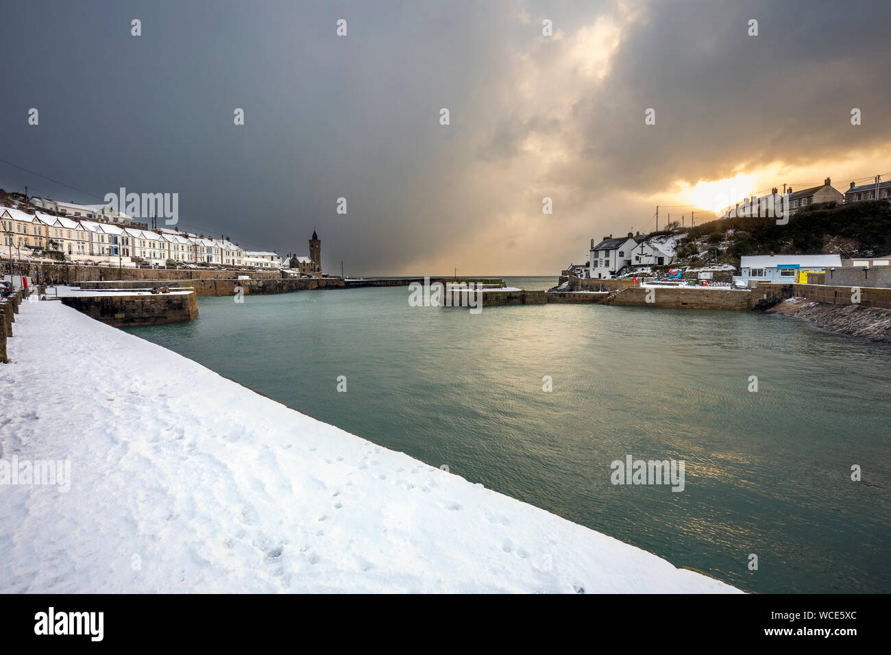 Porthleven in Snow; Cornwall; UK Stock Photo