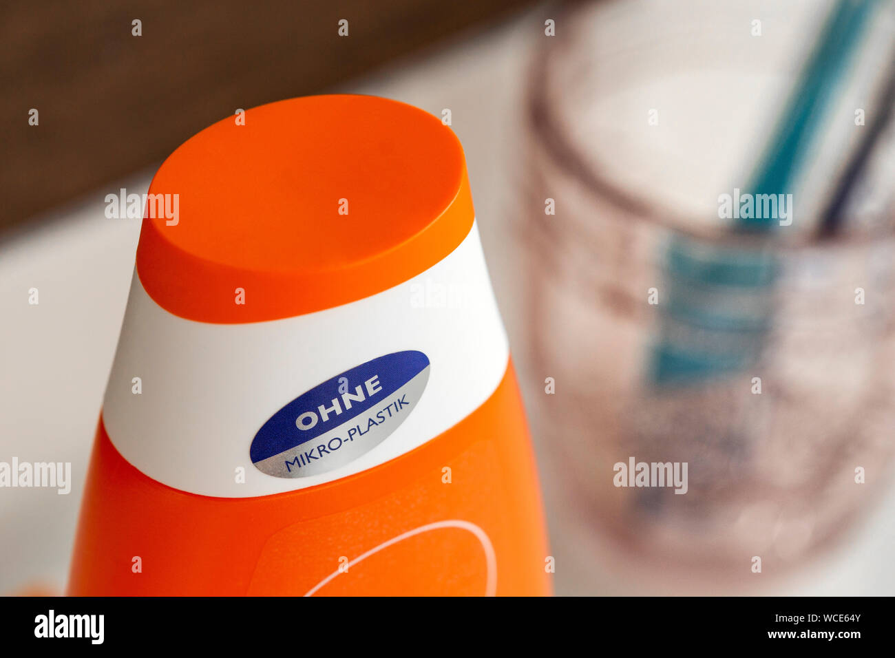 Shower cream with the label - without microplastics -, GERMANY Stock Photo