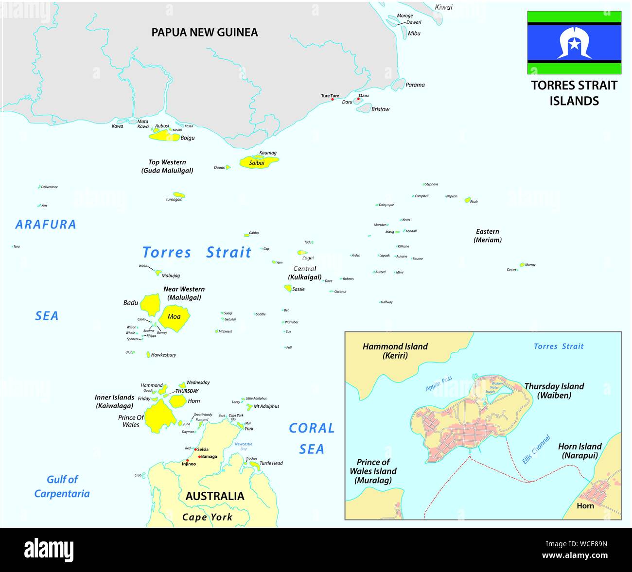 Map of the Australian Torres Strait Islands with flag Stock Vector