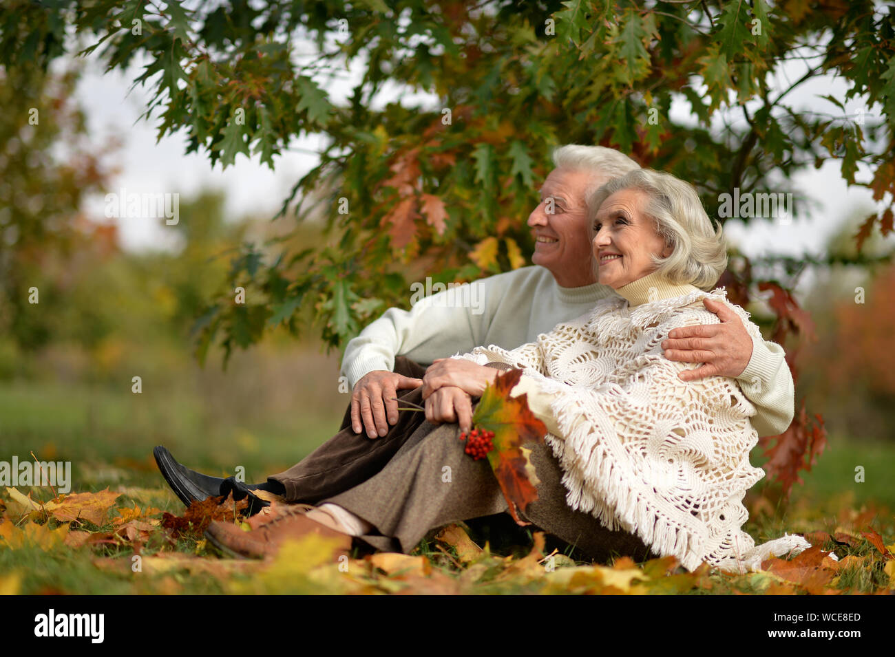Happy mature couple posing outdoors in autumn park Stock Photo - Alamy