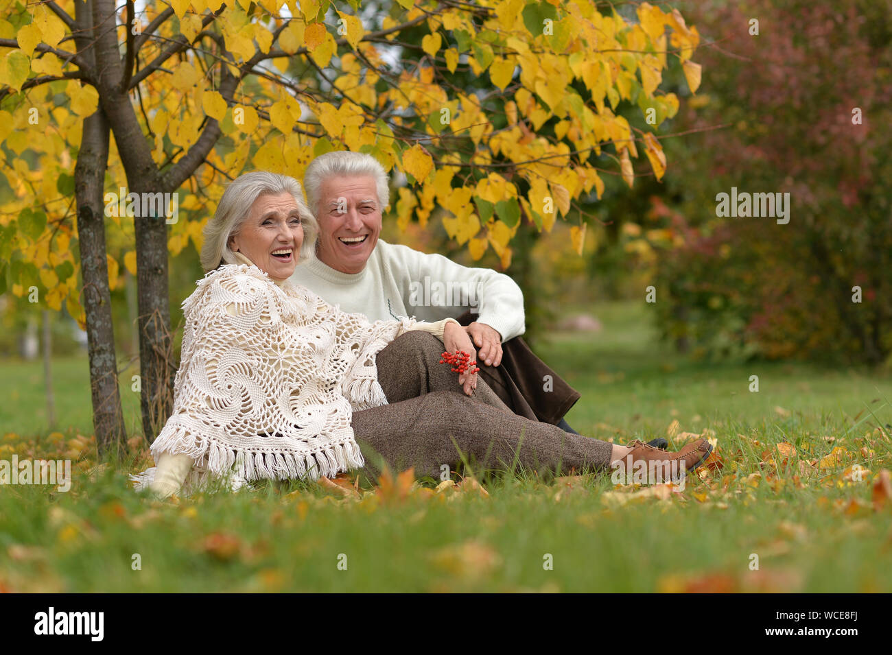 Happy mature couple posing outdoors in autumn park Stock Photo - Alamy