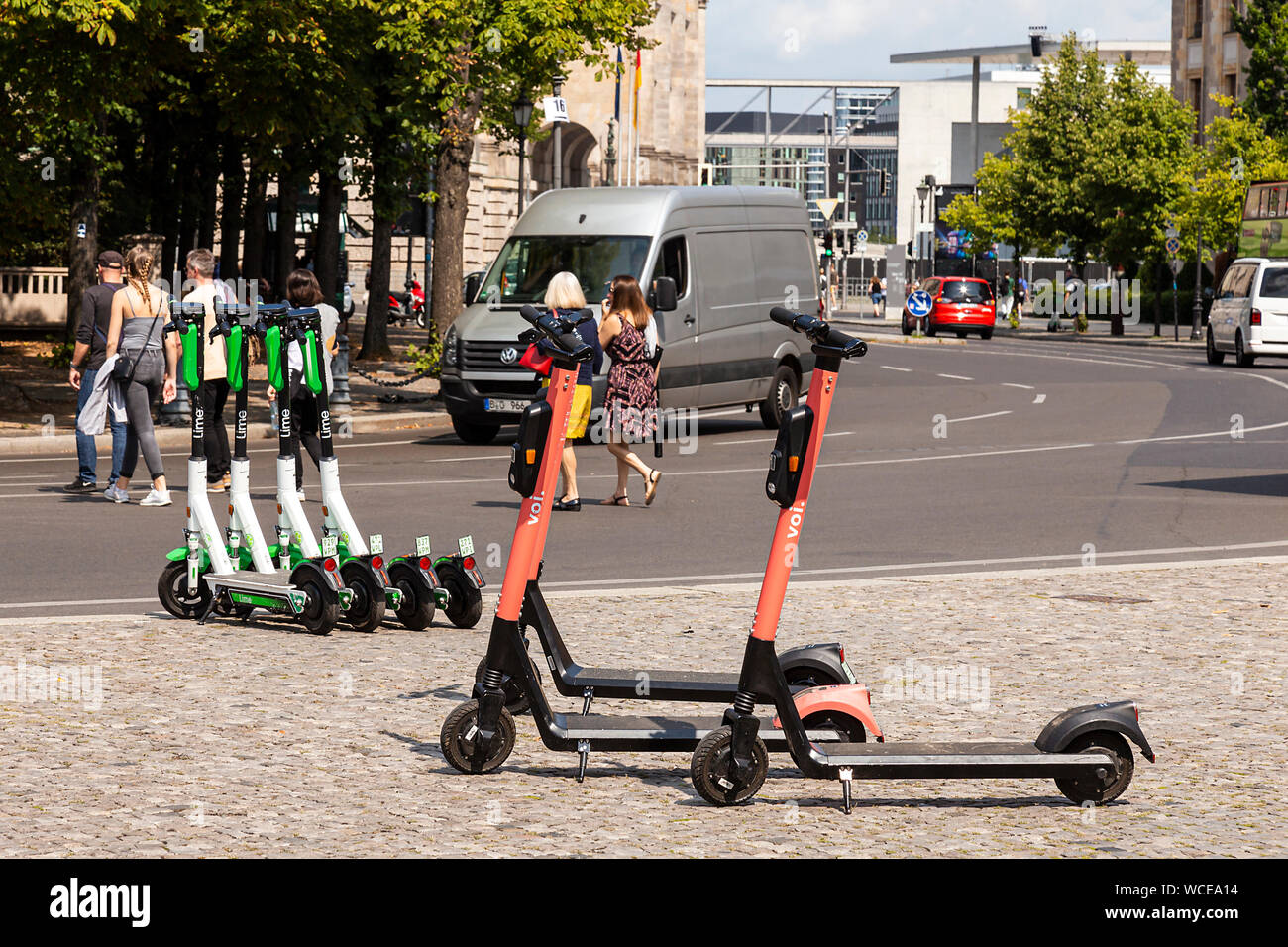 E-Scooters, pedestrians and cars, GERMANY, BERLIN. Stock Photo