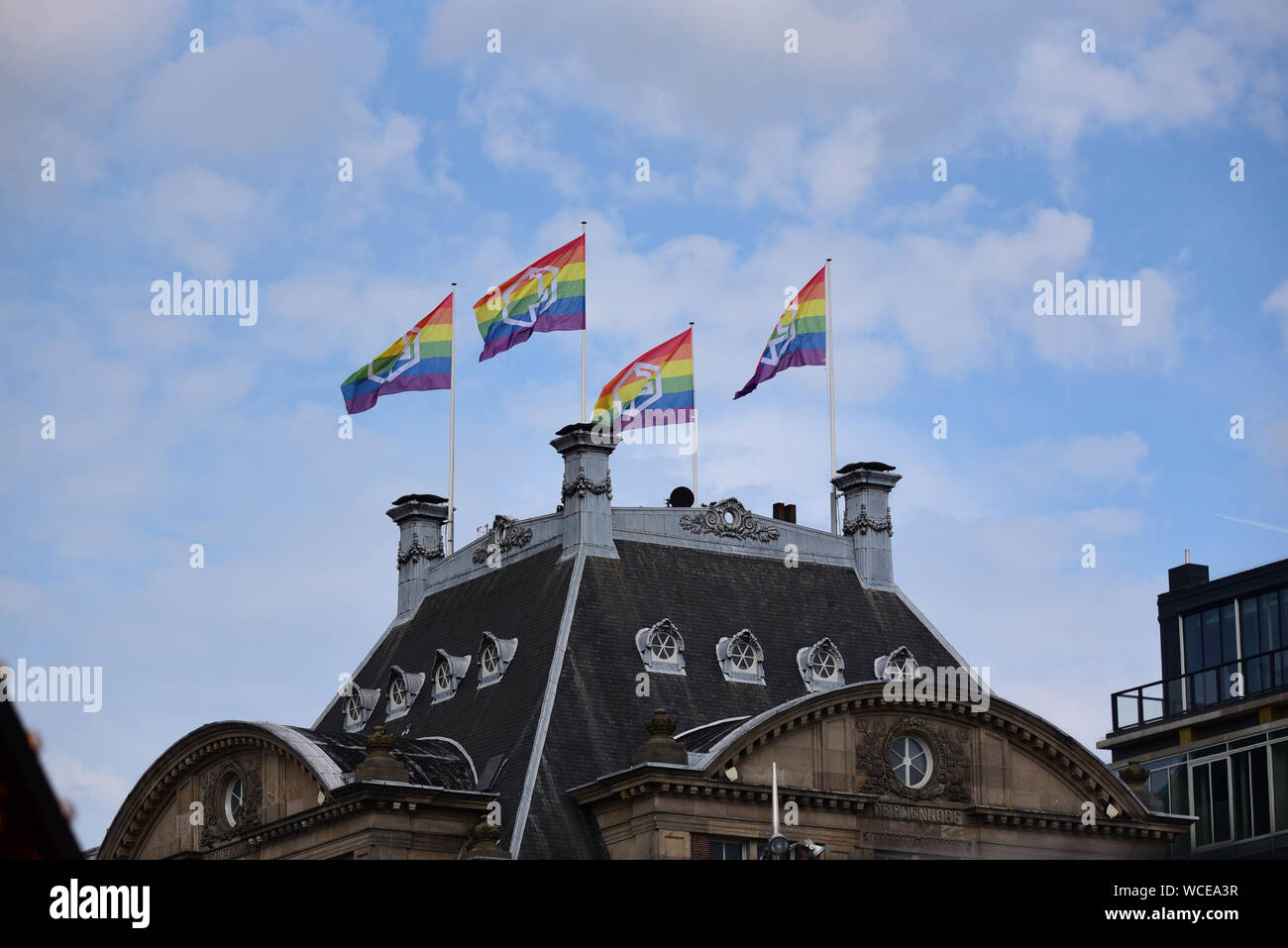 AMSTERDAM, THE NETHERLANDS- AUGUST 4th 2019. Rainbow Flags dispay during the Celebration of the Amsterdam Pride Festival 2019. Stock Photo