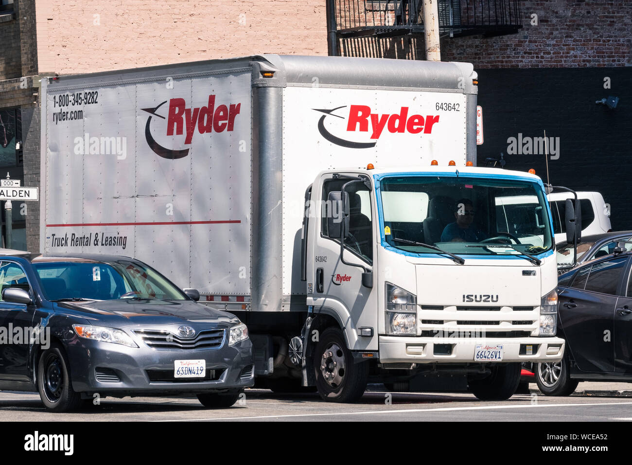 August 21, 2019 San Francisco / CA / USA - Ryder truck driving in downtown San Francisco; Ryder System, Inc. is an American provider of transportation Stock Photo