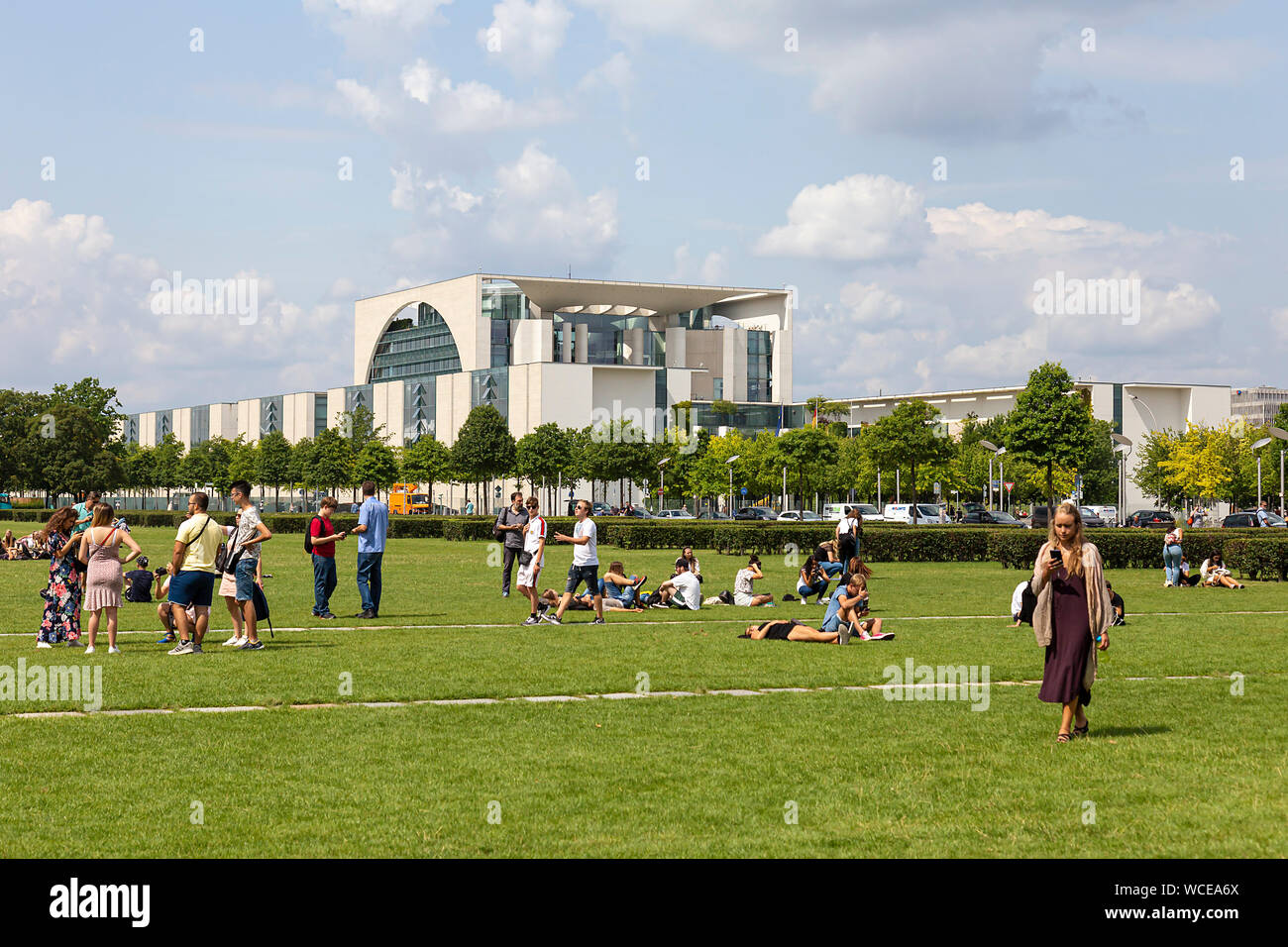 Tourists in front of the Federal Chancellery, GERMANY, BERLIN, 02.08.2019. Stock Photo