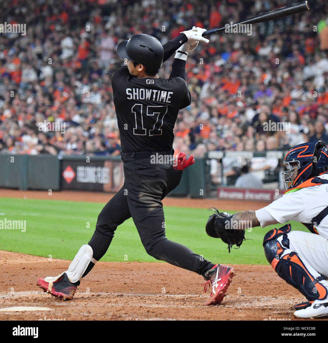 Shohei Ohtani of the Los Angeles Angels bats against the Houston Astros  during the Major League Baseball game Players Weekend at Minute Maid Park  on August 25, 2019 in Houston, United States.