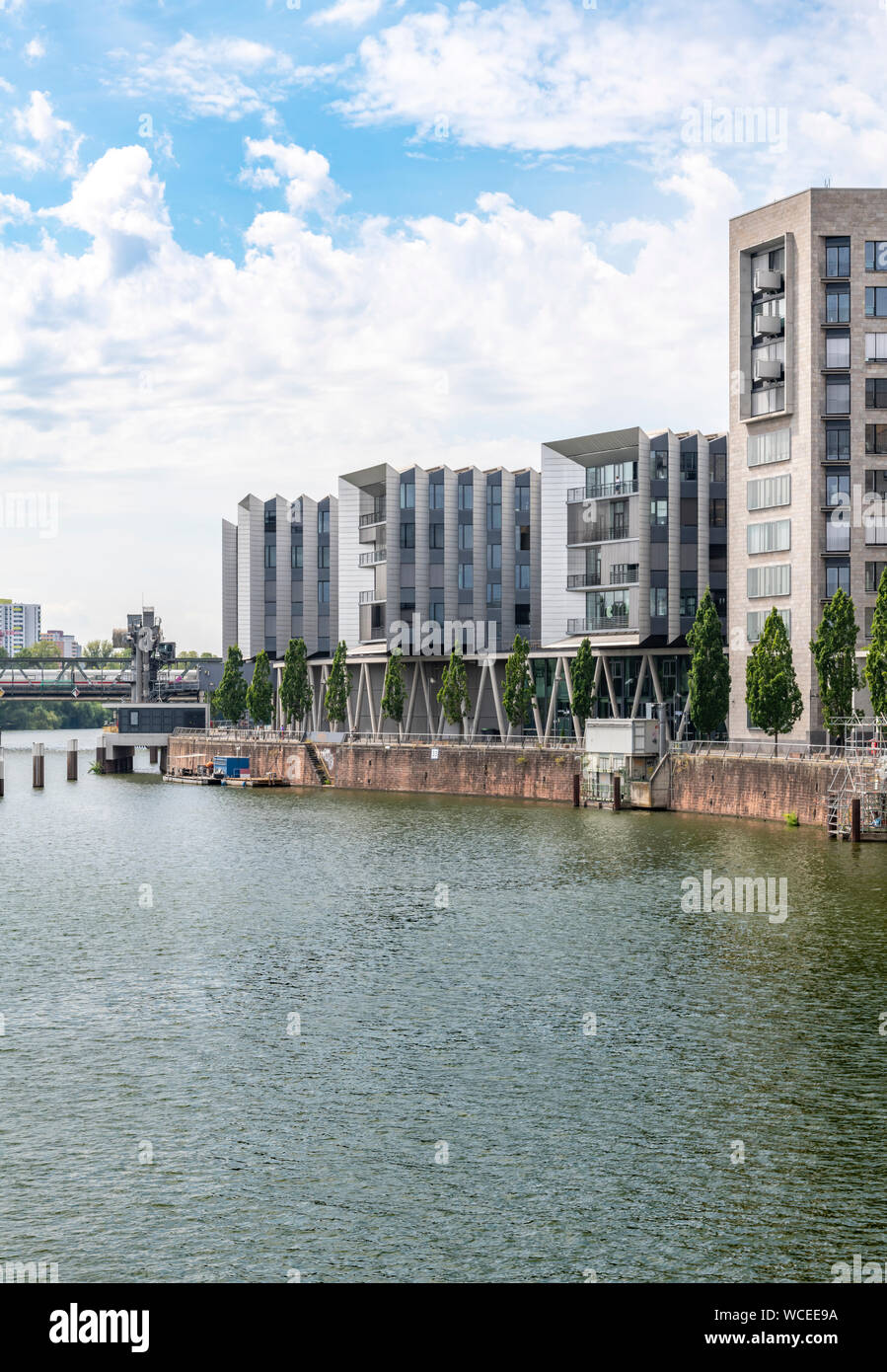 The Westhafen district of Frankfurt. In this area are the harbour and marina, Westhafen Tower is the tallest building also known as das Gerippte. Stock Photo