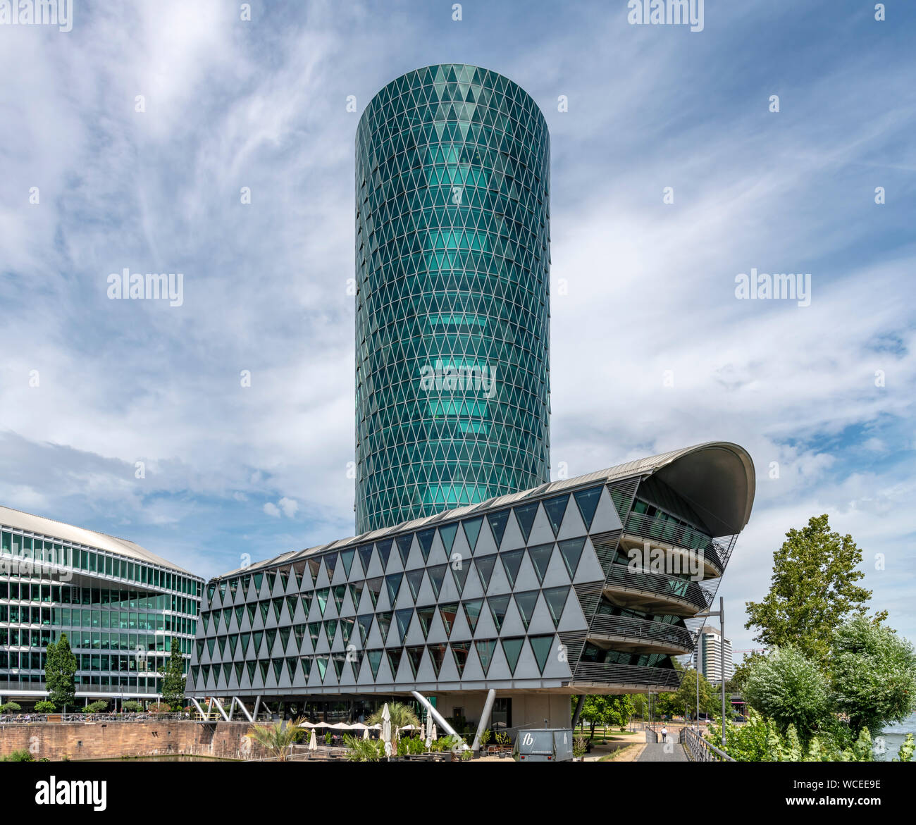 The Westhafen district of Frankfurt. In this area are the harbour and marina, Westhafen Tower is the tallest building also known as das Gerippte. Stock Photo