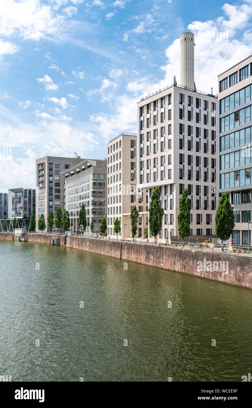 The Westhafen district of Frankfurt. In this area are the harbour and marina, Westhafen Tower is the tallest building also known as das Gerippte. Stock Photo