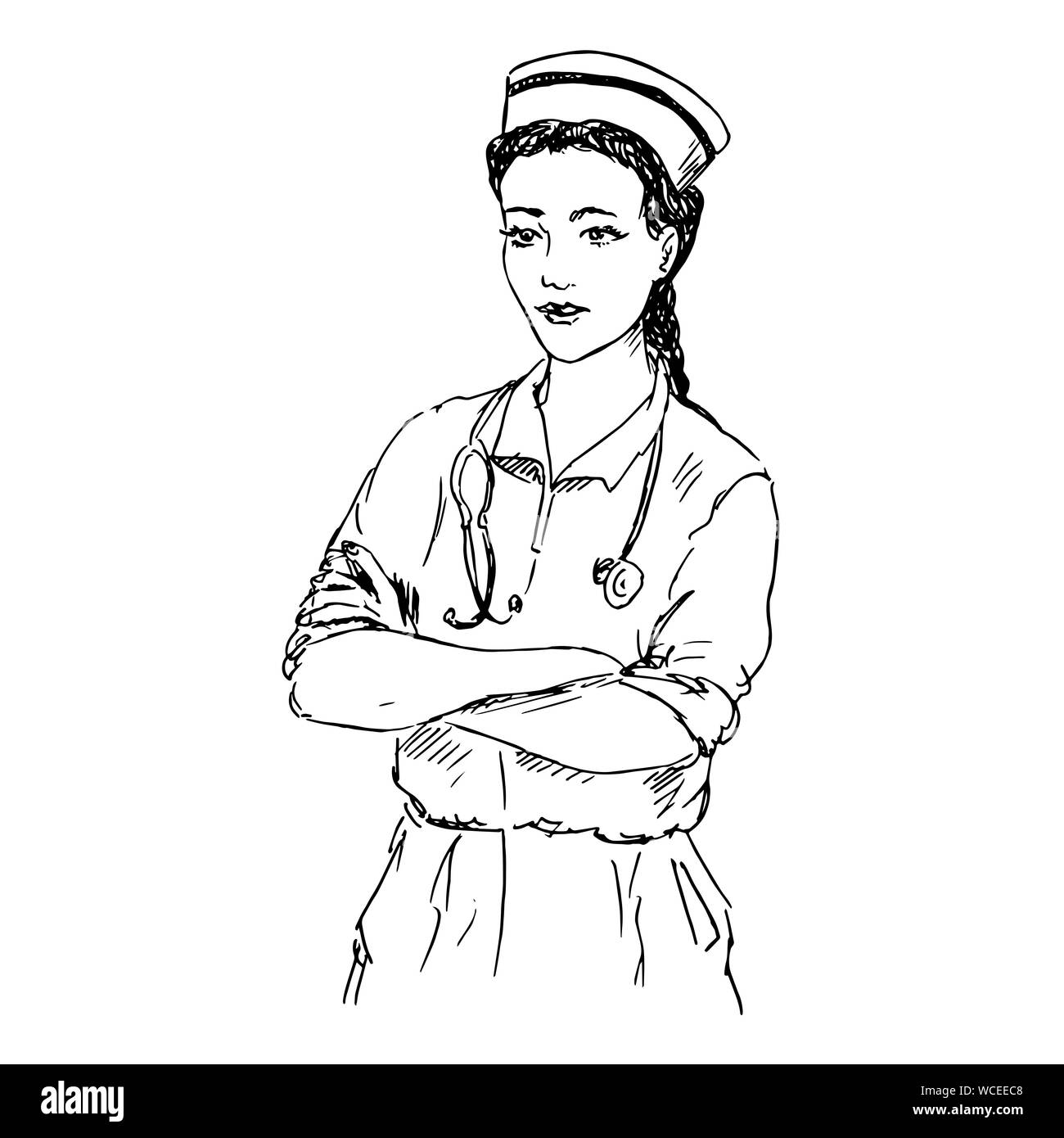 Nurse with stethoscope standing straight and smiling, hand drawn doodle, sketch in pop art style, black and white illustration Stock Photo
