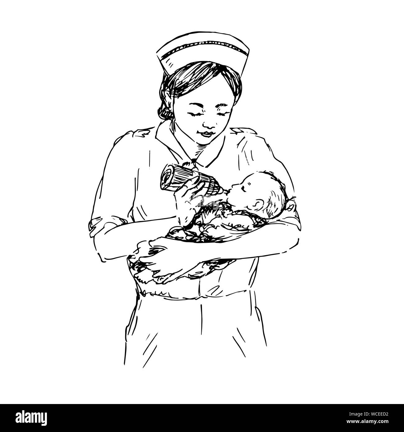 Mother takes care newborn baby sketch cartoon Vector Image
