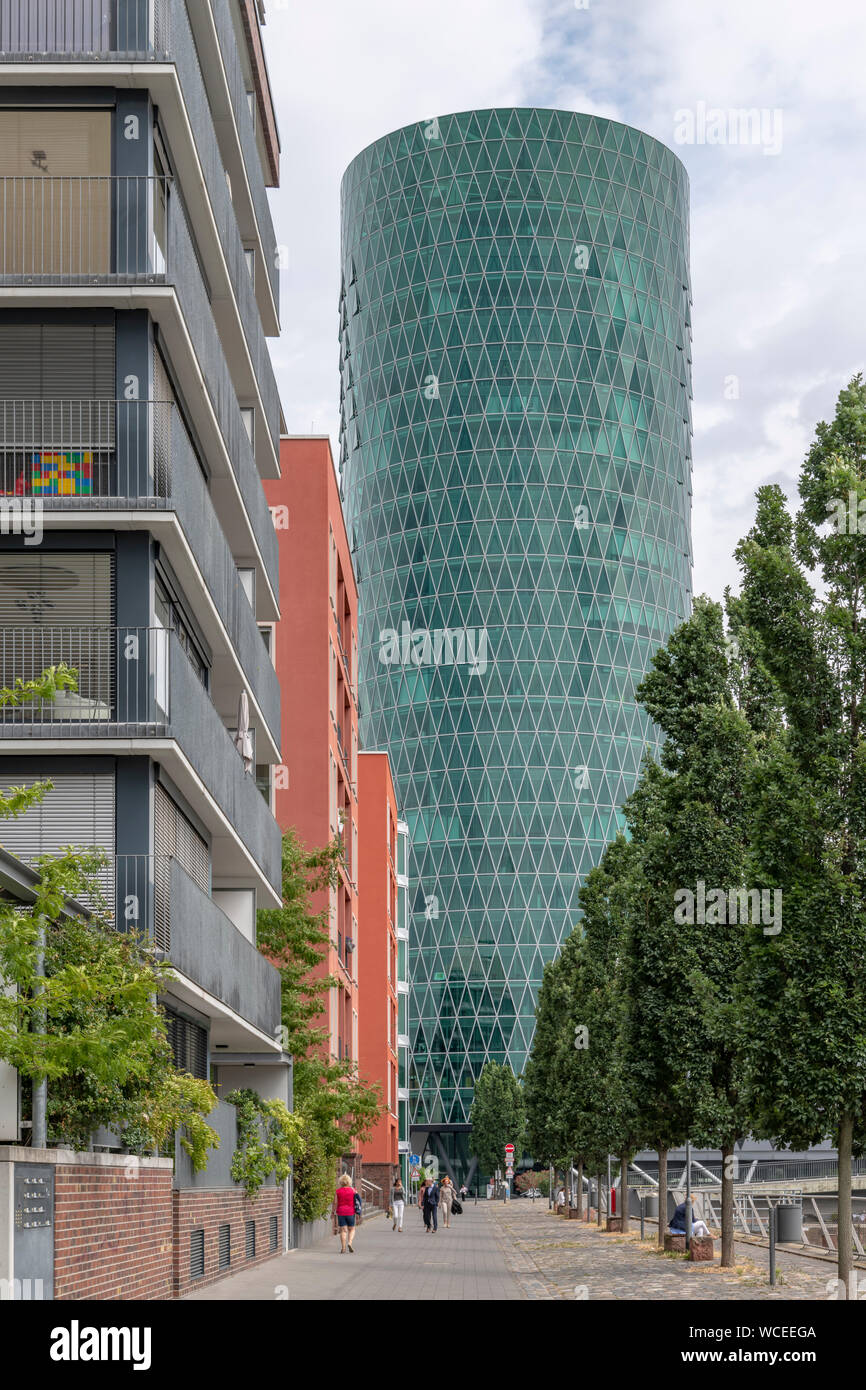 The Westhafen district of Frankfurt. In this area are the harbour and marina, Westhafen Tower is the tallest building also known as das Gerippte. Stock Photo