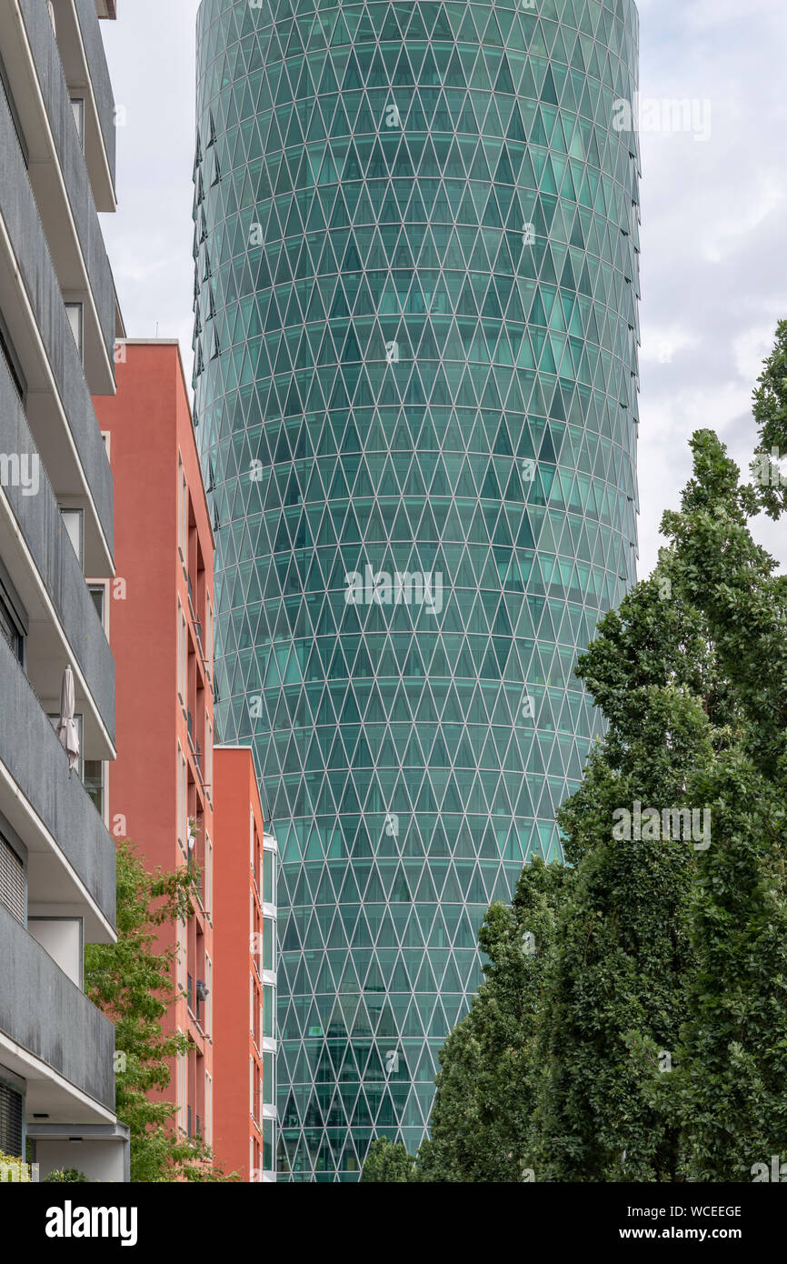 The Westhafen district of Frankfurt. In this area are the harbour and marina, Westhafen Tower is the tallest building also known as das Gerippte. Stock Photo