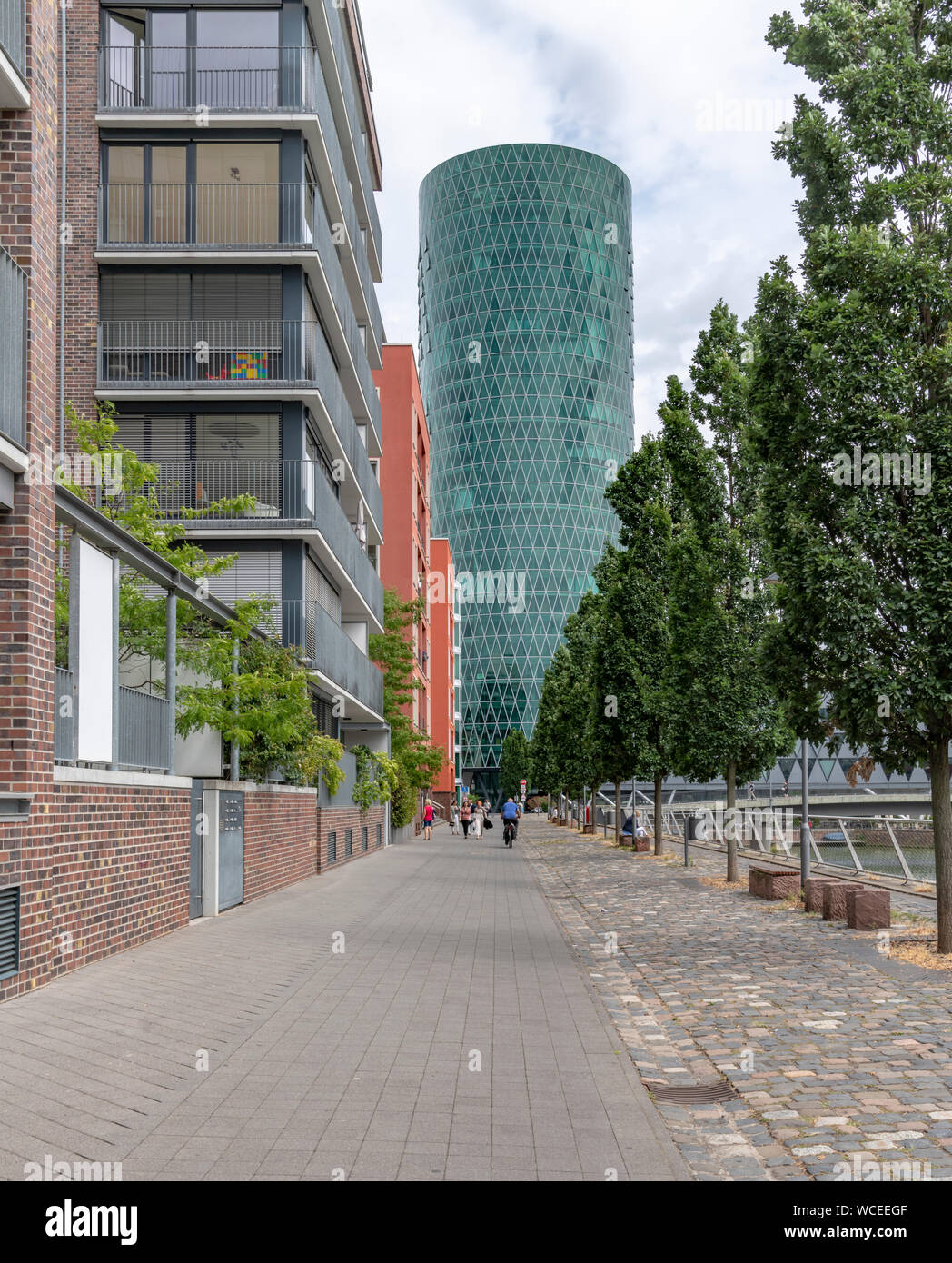 The Westhafen district of Frankfurt. In this area are the harbour and marina, Westhafen Tower is the tallest building also known as das Gerippte. Stock Photo