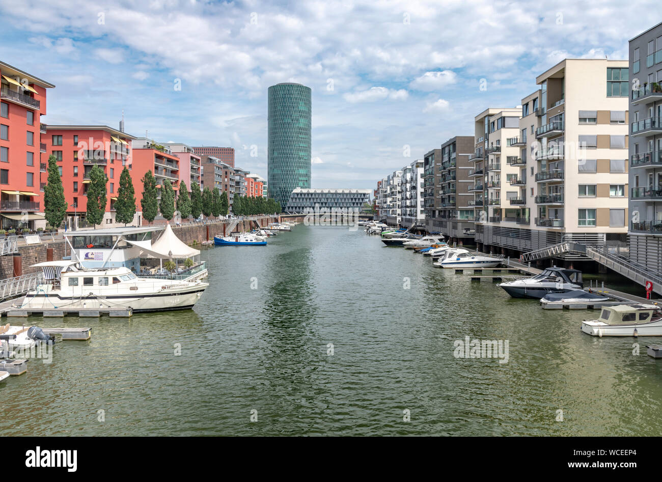 The Westhafen district of Frankfurt. In this area are the harbour and marina, Westhafen Tower is the tallest building also known as das Gerippte. Stock Photo
