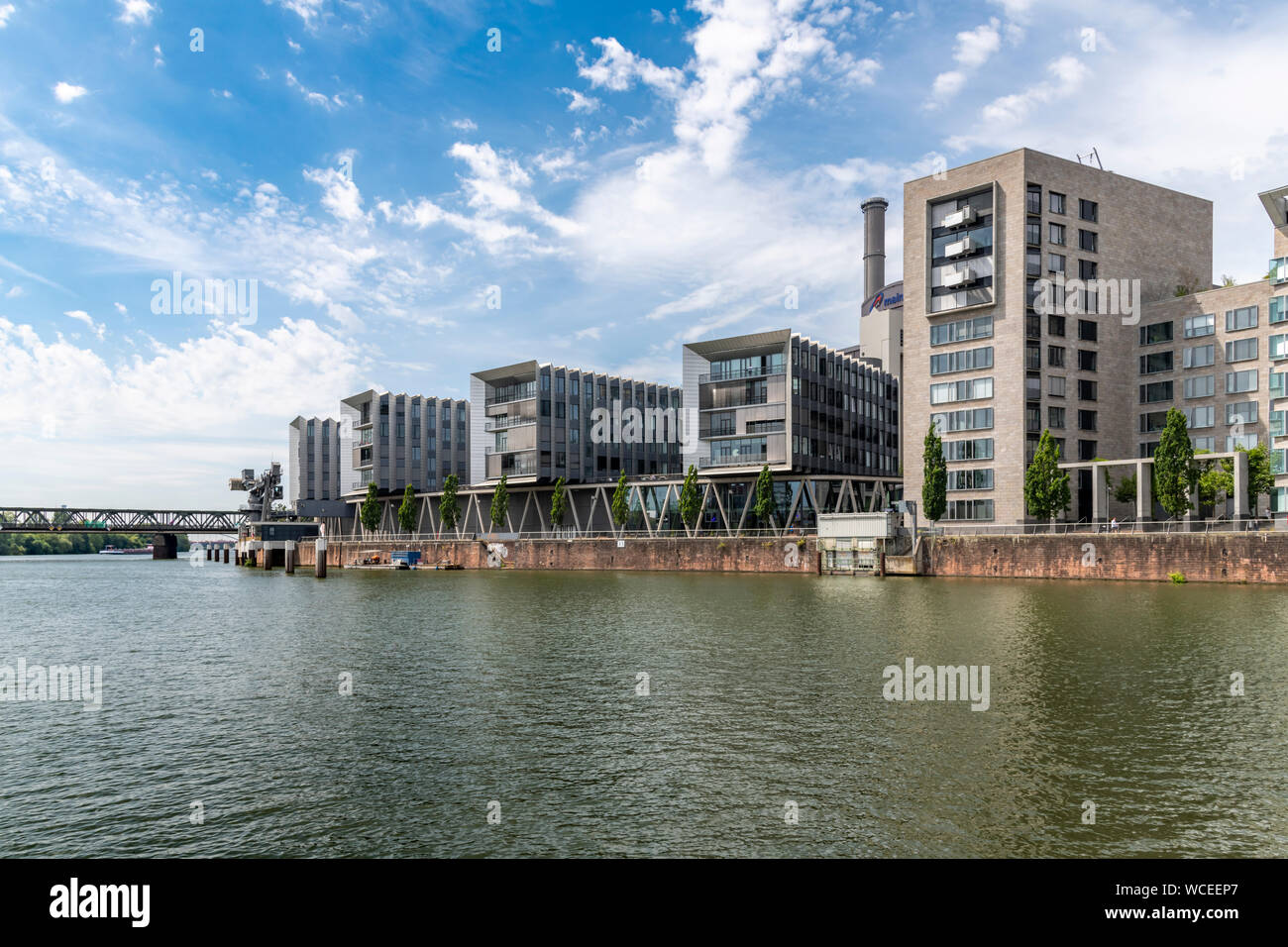 The Westhafen district of Frankfurt. In this area are the harbour and marina, Westhafen Tower is the tallest building also known as das Gerippte. Stock Photo