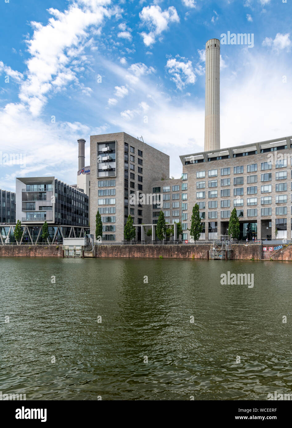 The Westhafen district of Frankfurt. In this area are the harbour and marina, Westhafen Tower is the tallest building also known as das Gerippte. Stock Photo