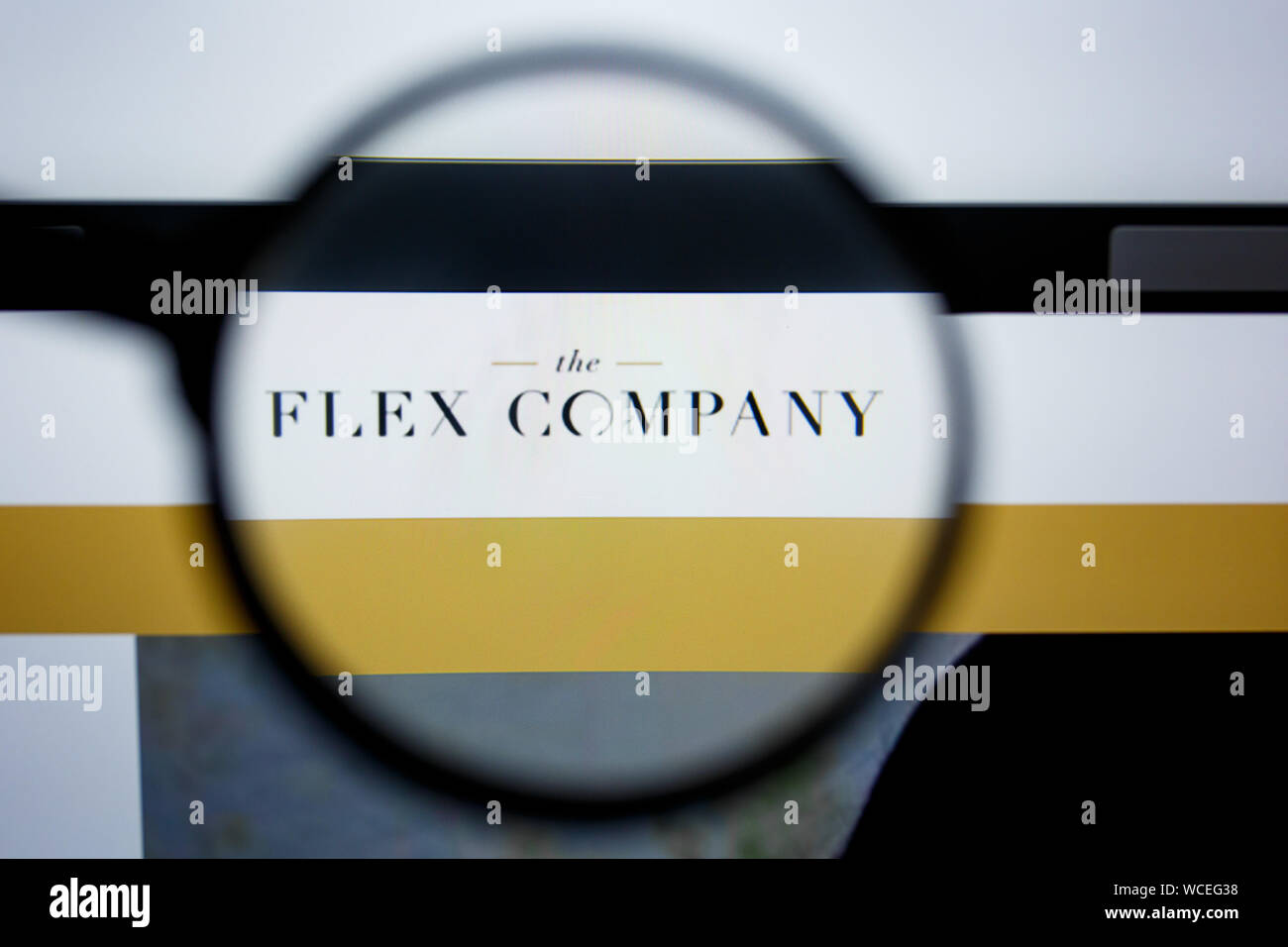 Los Angeles, California, USA - 29 Jule 2019: Illustrative Editorial of FLEXFITS.COM website homepage. FLEXCOMPANY logo visible on display screen. Stock Photo