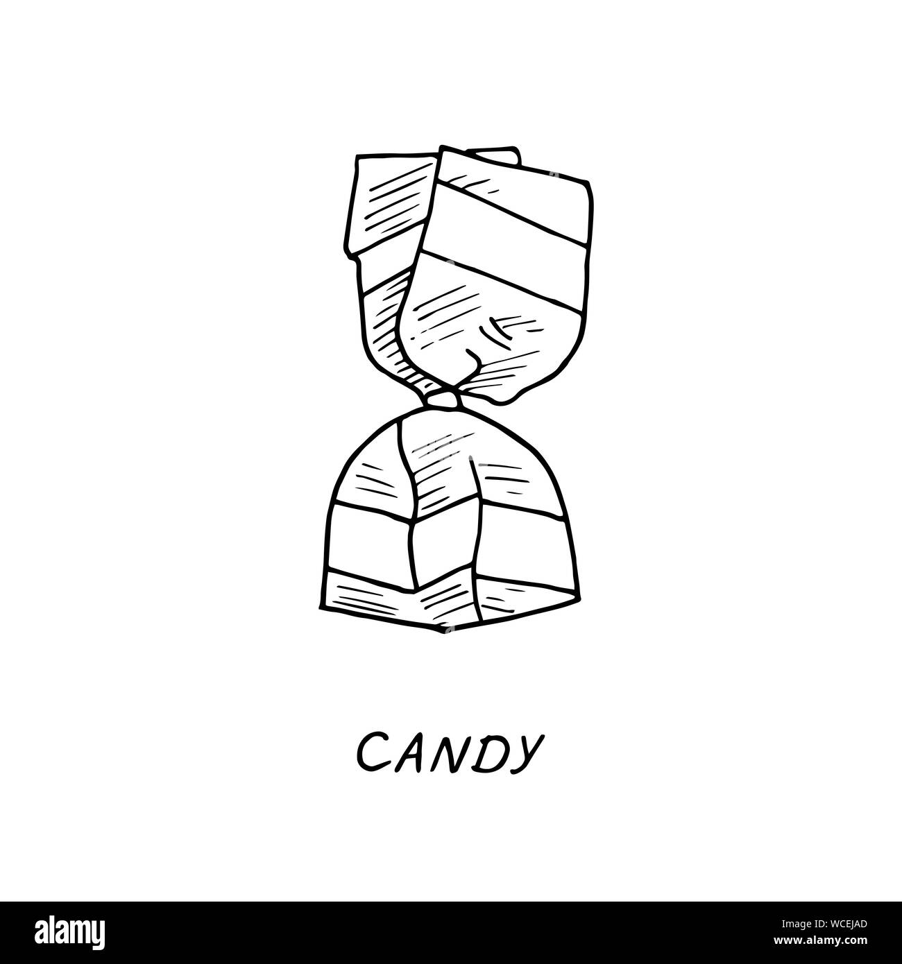 Wrapped candy drawing, vintage doodle outline illustration style, hand