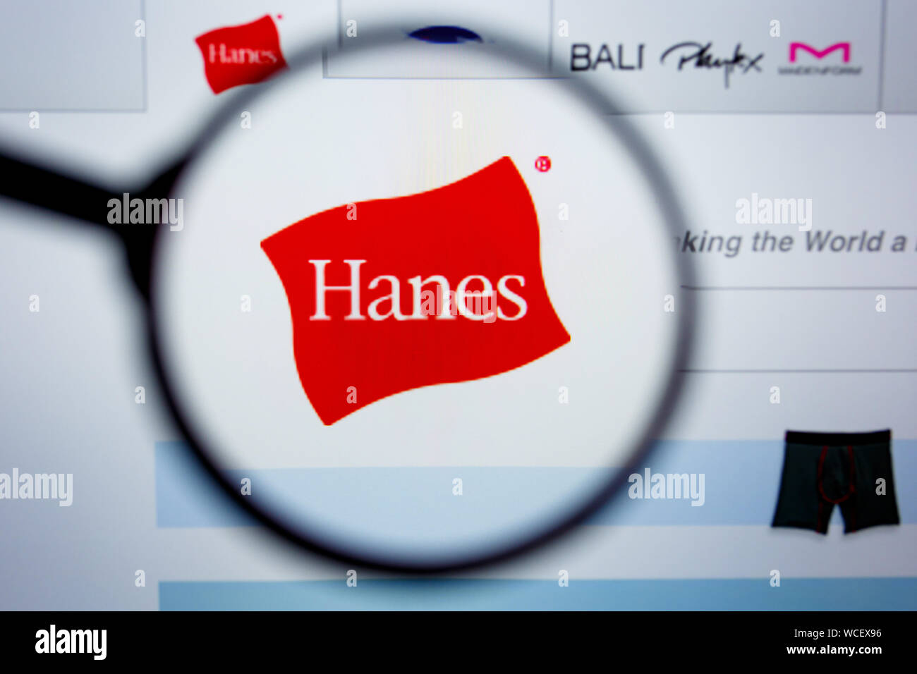 Los Angeles, California, USA - 29 Jule 2019: Illustrative Editorial of HANES.COM website homepage. HANES. logo visible on display screen. Stock Photo
