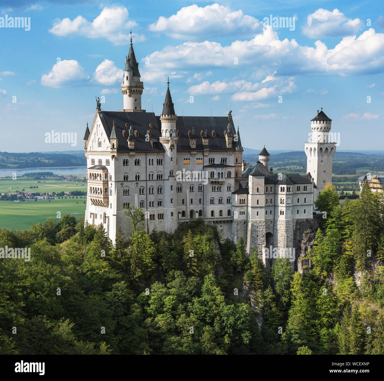 Summer, vertical frame of the romantic Neuschwanstein castle - famous Europe, and German Landmark in style of Romanesque Revival architecture located Stock Photo