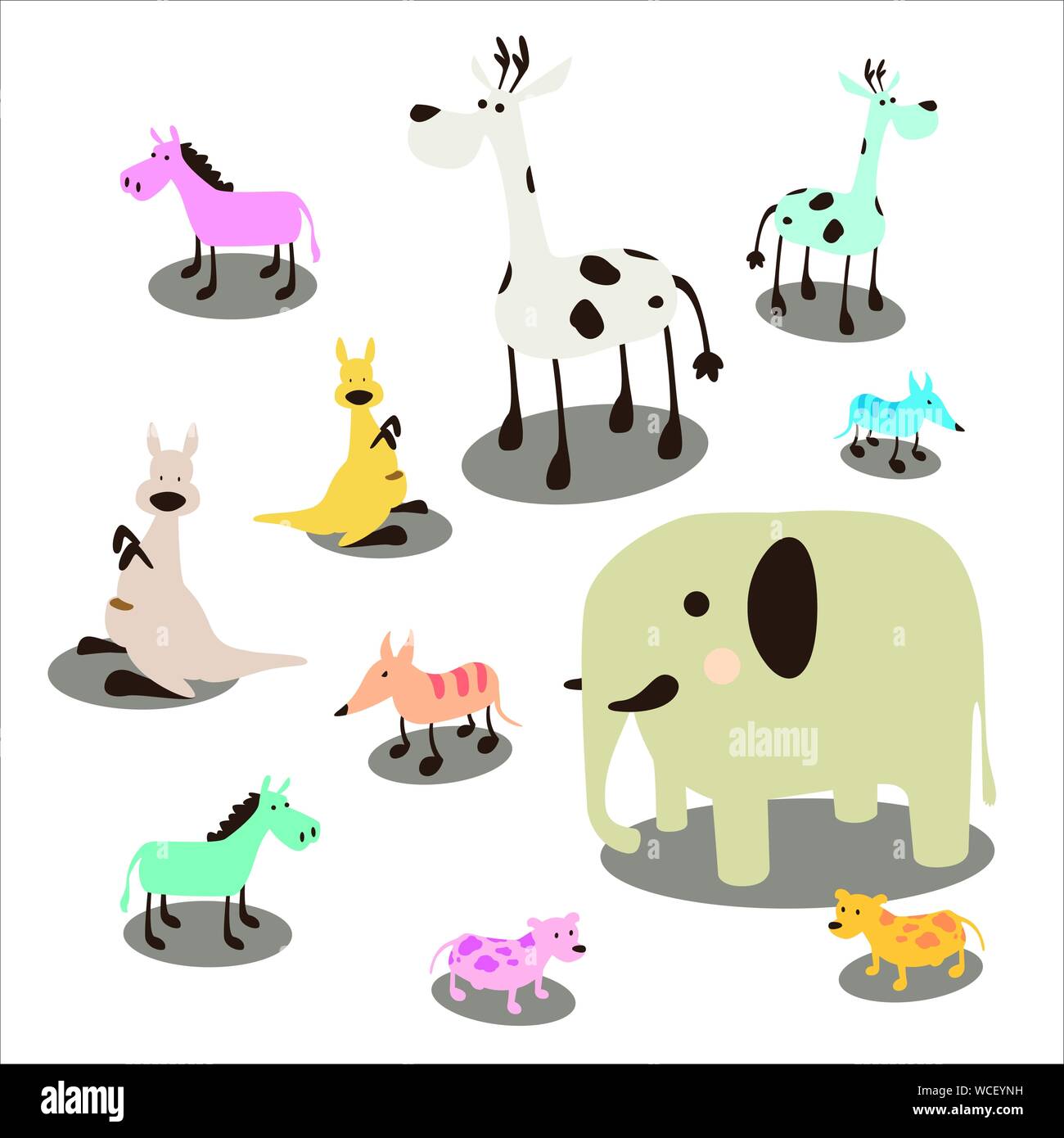 Pastel horse elephant dog fox giraffe rat wild life animals illustration doodle vector wild animals set Stock Vector