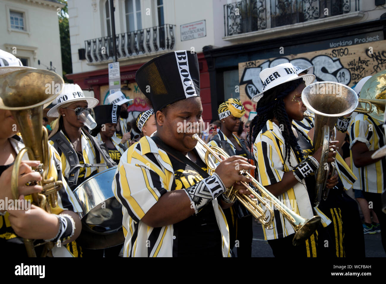 Notting Hill Carnival, August 25th 2019. Musicians walk in the parade. Stock Photo