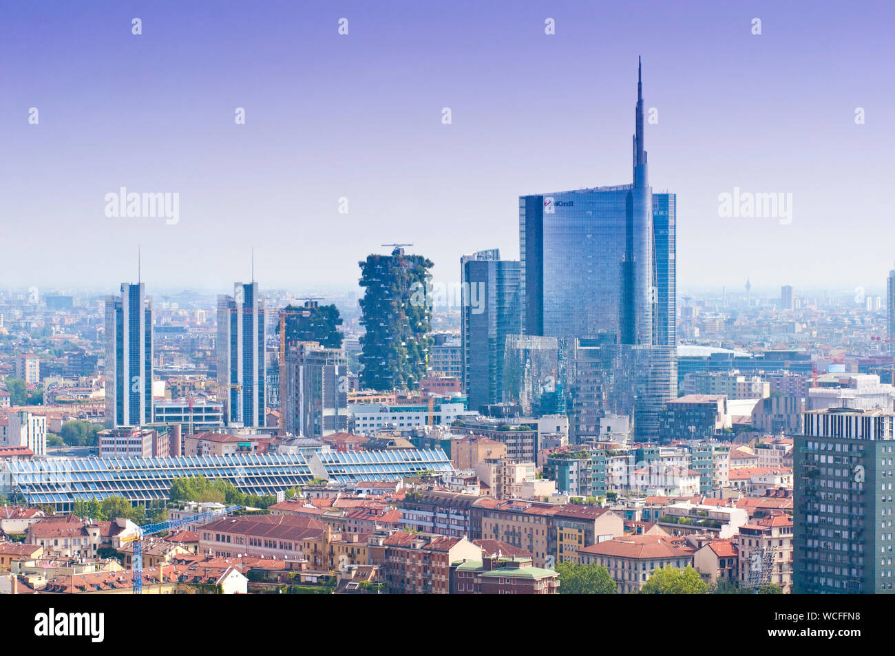 Italy, Lombardy, Milan, Skyline View from the Torre Branca, Left Bosco Verticale Verticale Right Unicredit Tower Stock Photo