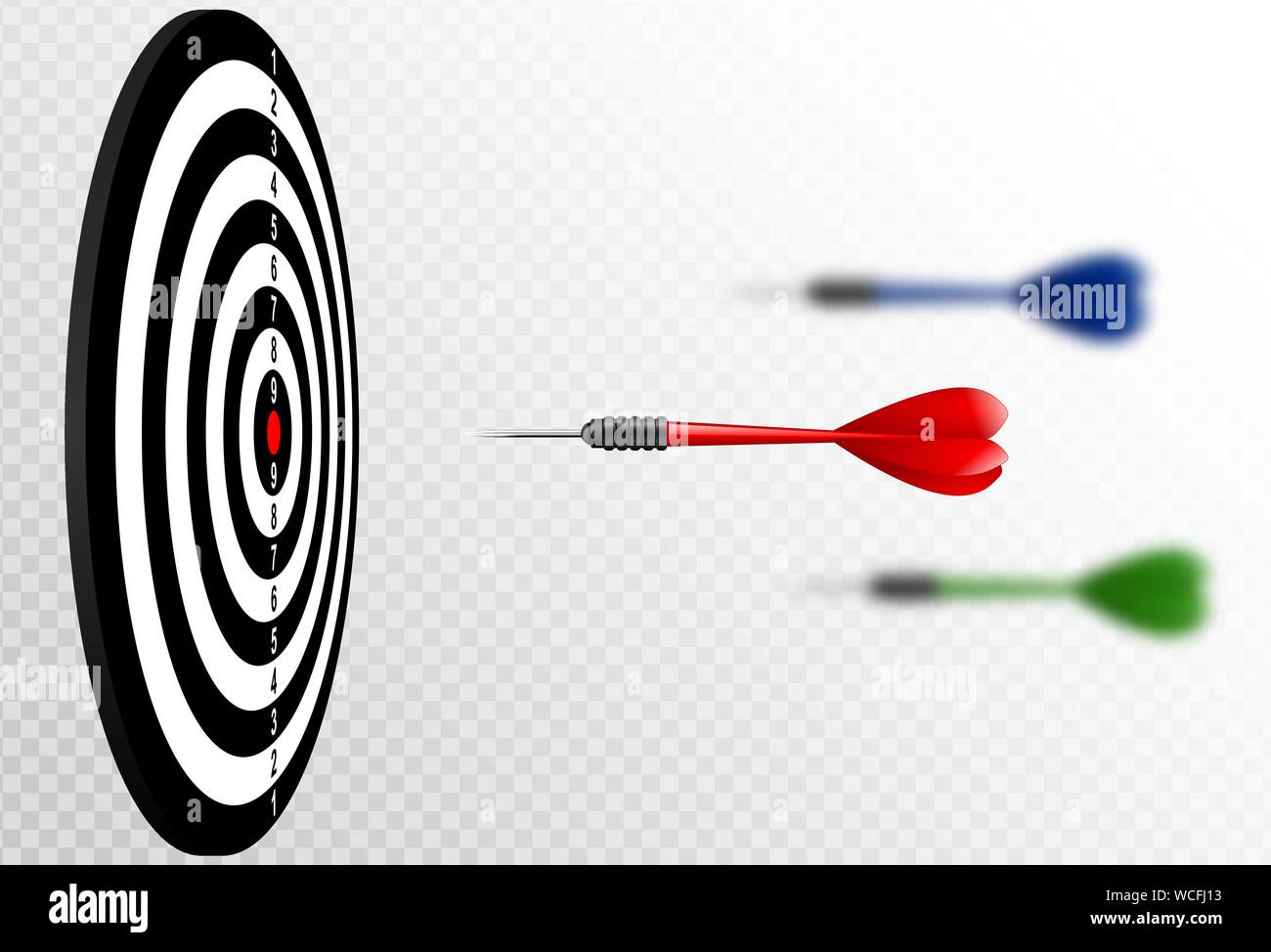Vector red dart arrows flying to target dartboard. Metaphor to target success, winner concept. Isolated on white transparent background Stock Vector