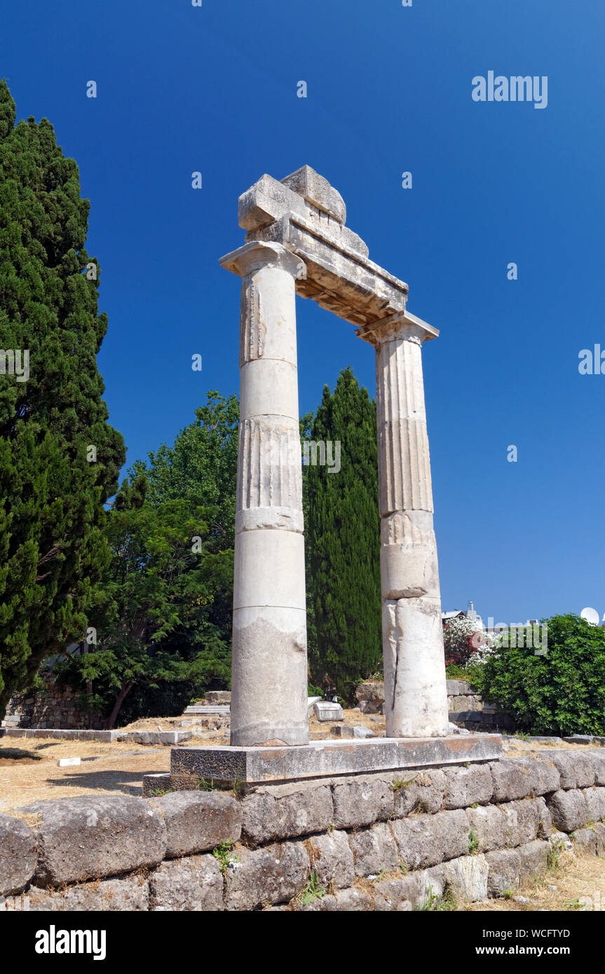 The restored columns of the Ancient Market Place, Kos Town, Kos Island, Dodecanese Islands, Greece. Stock Photo