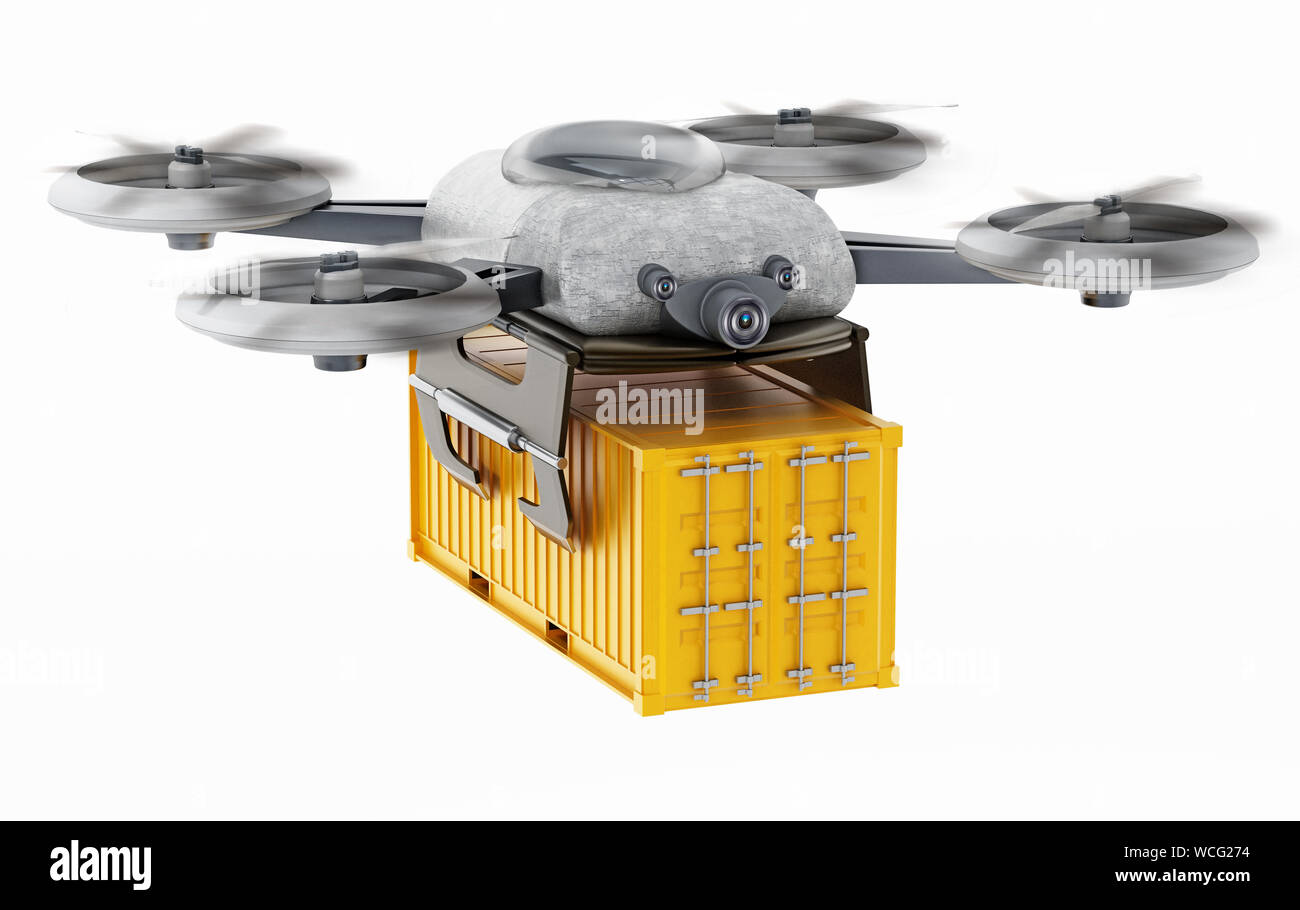 Unmanned drone carrying cargo container. 3D illustration. Stock Photo