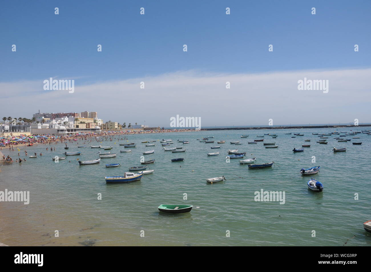 Fishing boats in La Caleta beach and old seaside resort, Cdiz, Andalusia region, Spain, Europe Stock Photo