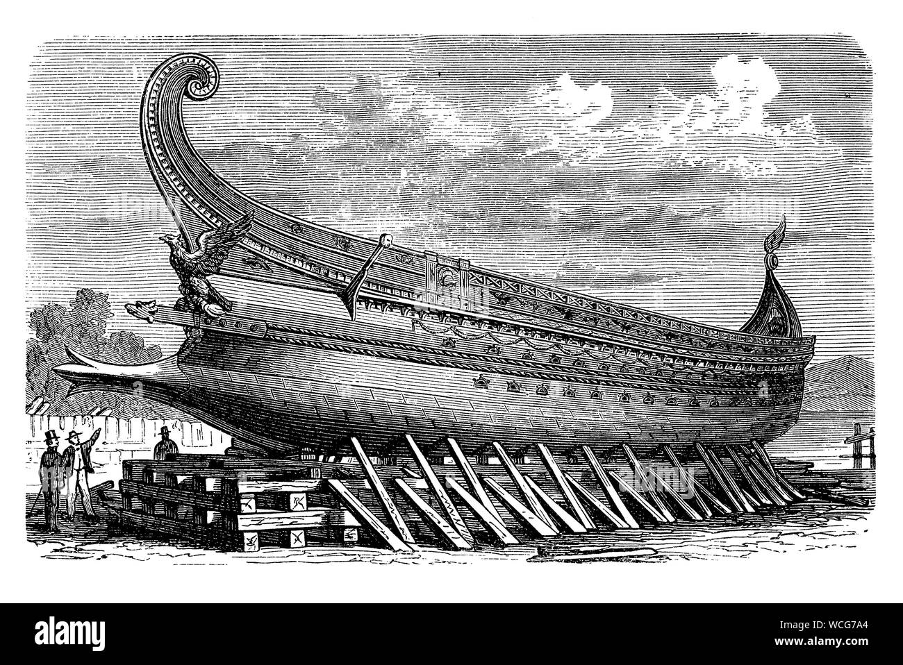 Ancient Roman trireme, a galley with three rows of oars dominant warship in the Mediterranean sea Stock Photo