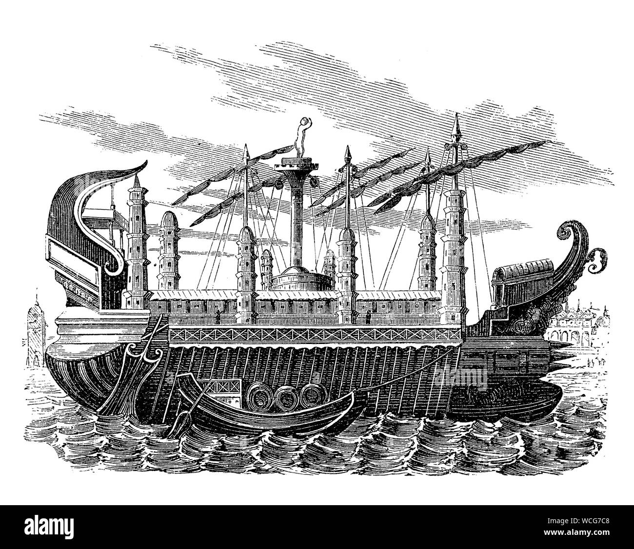 Syracusia  designed by Archimedes with antifouling technology to prevent the attachment of fouling organisms  was a ancient Greek ship the largest of antiquity able to transport goods, soldiers and catapults. Stock Photo
