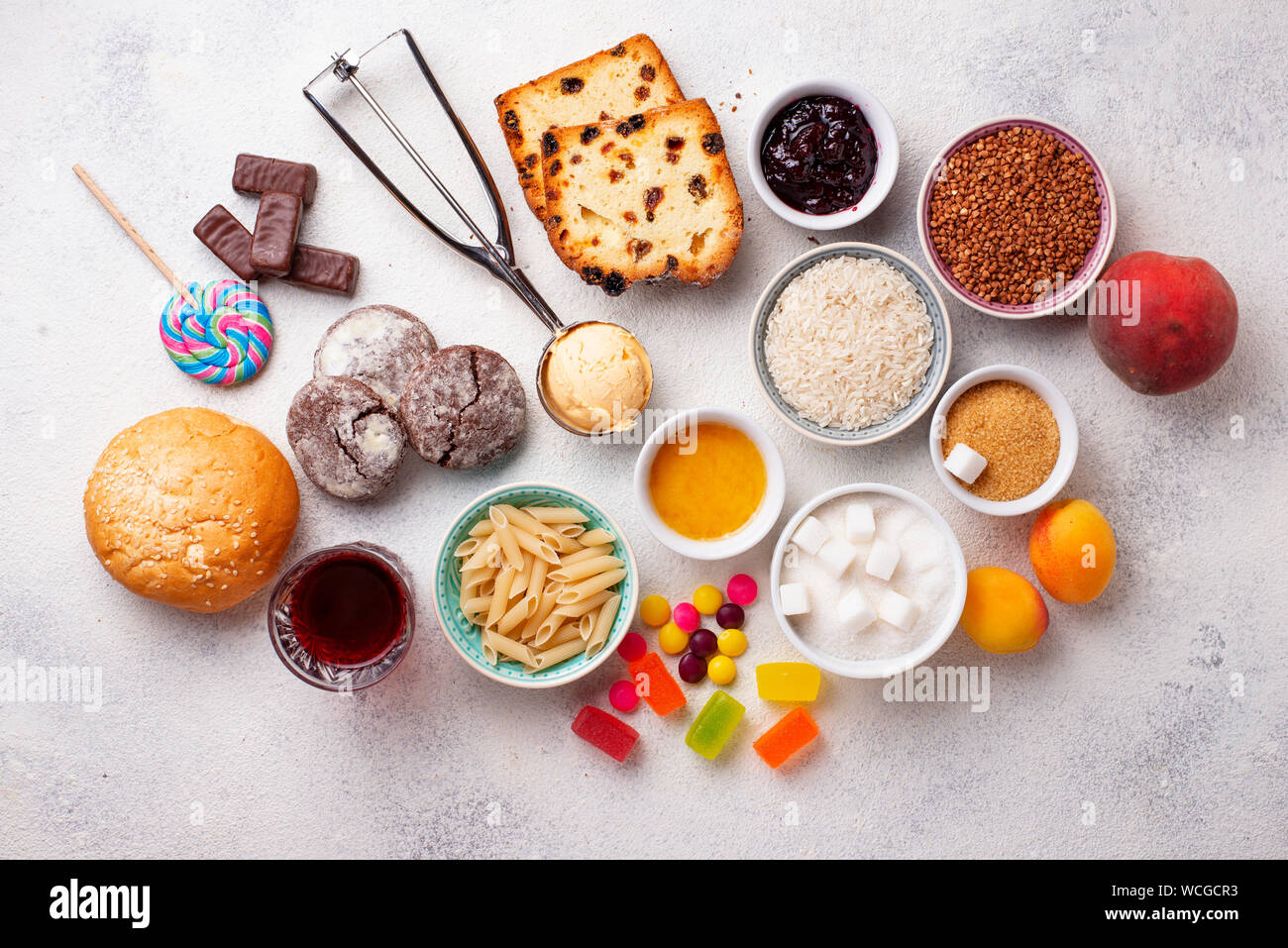 Assortment of simple carbohydrates food Stock Photo