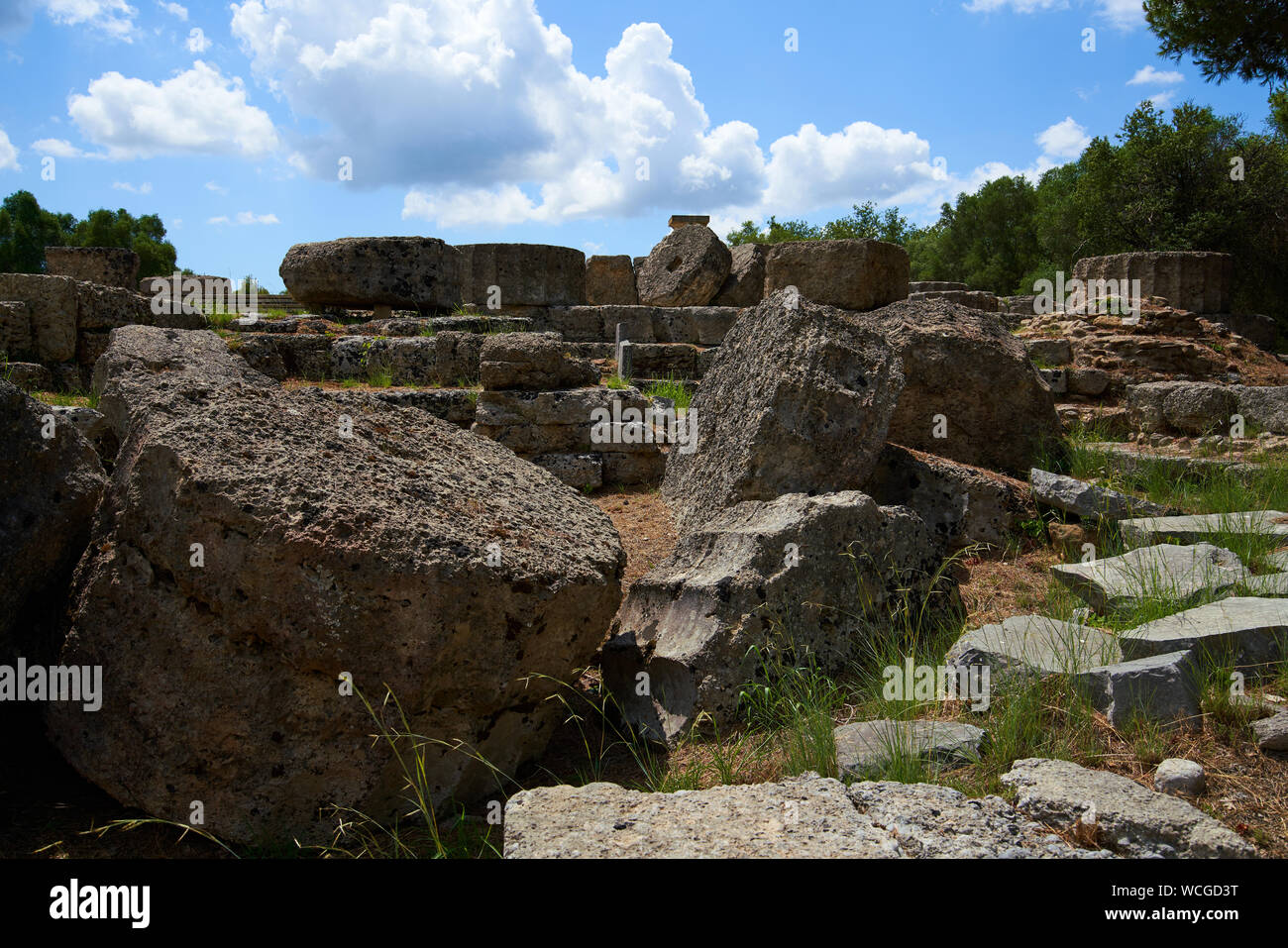 Remains of the Temple of Zeus at Olympia with a single reconstructed