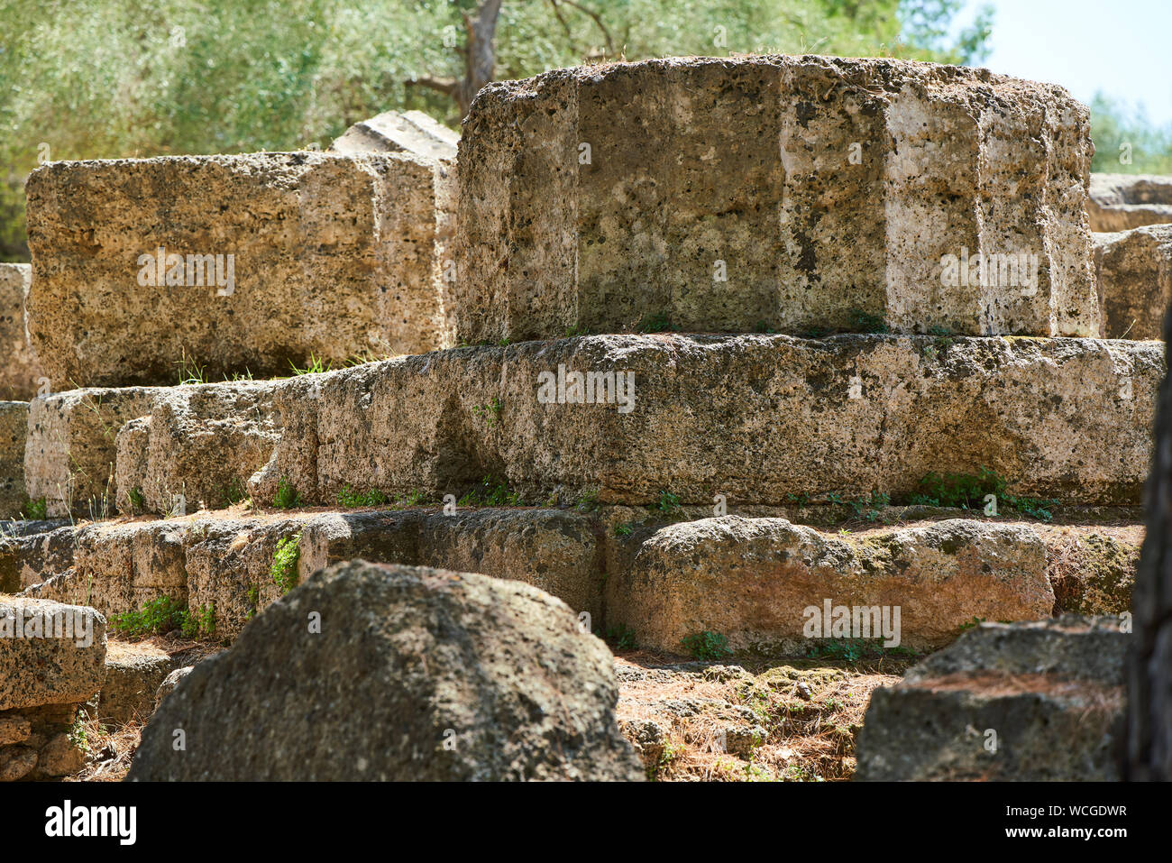 Remains of the Temple of Zeus at Olympia with a single reconstructed column and scattered column pieces surrounding the plinth Stock Photo