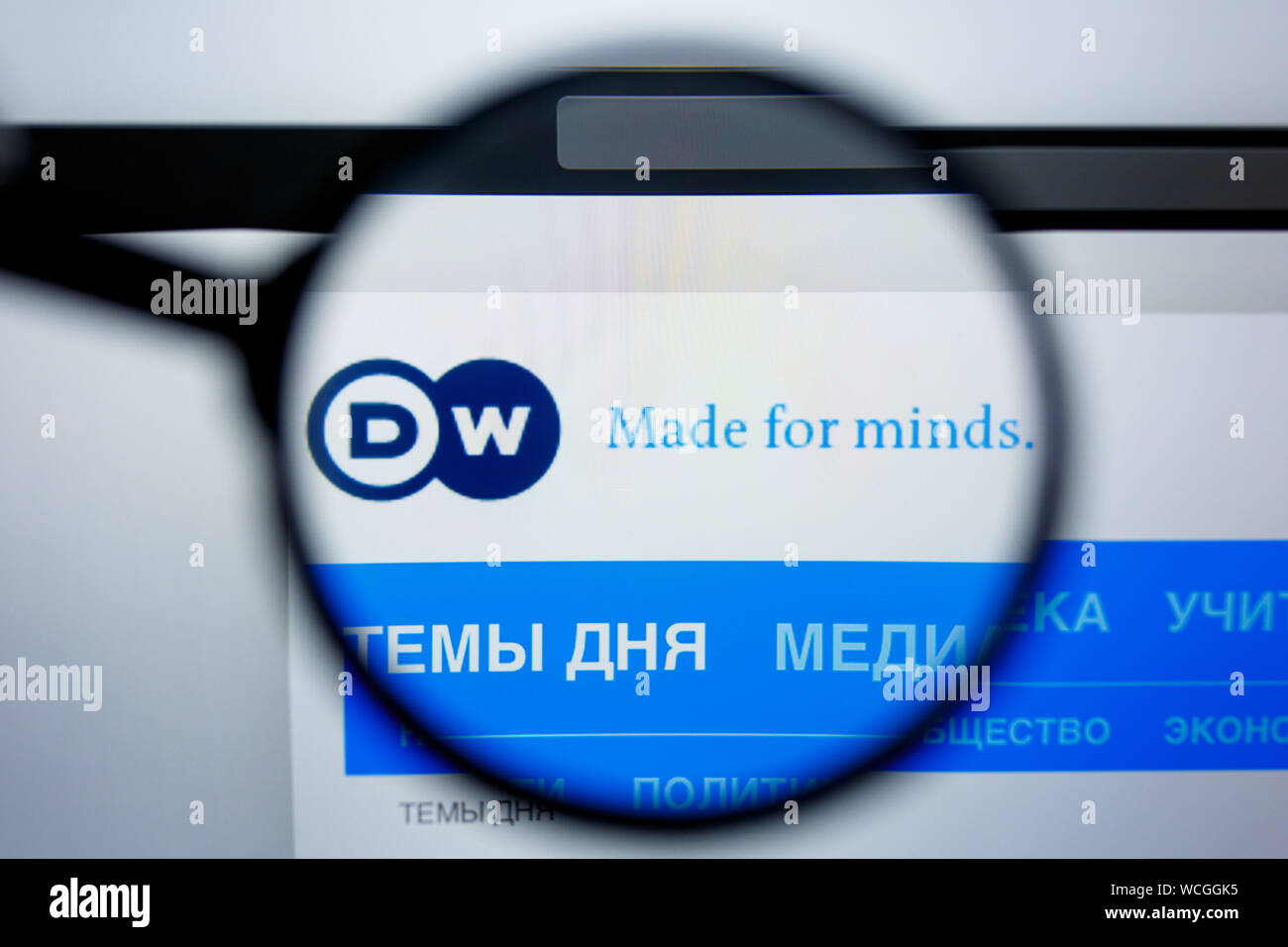 Los Angeles, California, USA - 29 Jule 2019: Illustrative Editorial of DW.COM website homepage. DW logo visible on display screen. Stock Photo