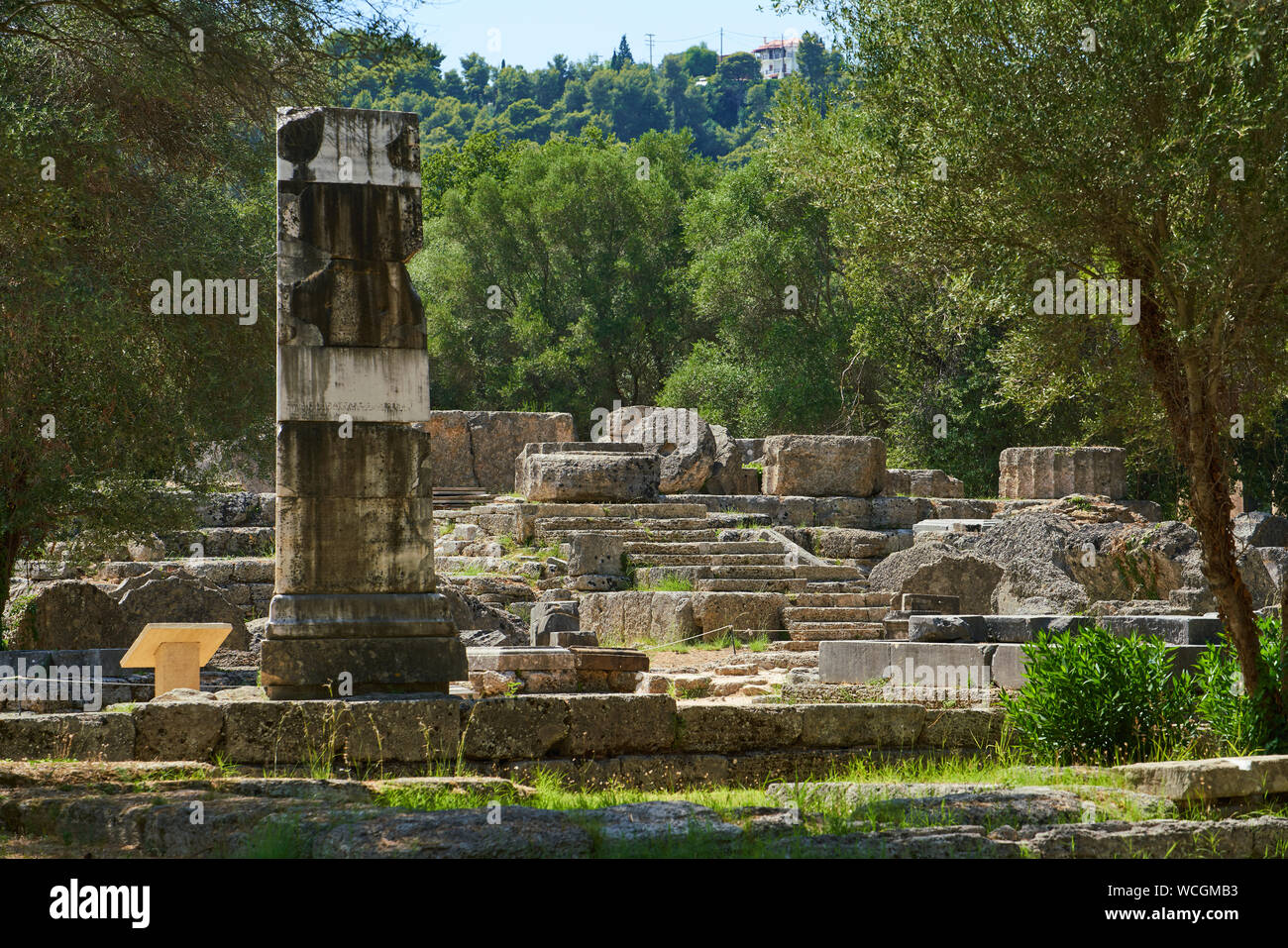 Remains of the Temple of Zeus at Olympia with a single reconstructed